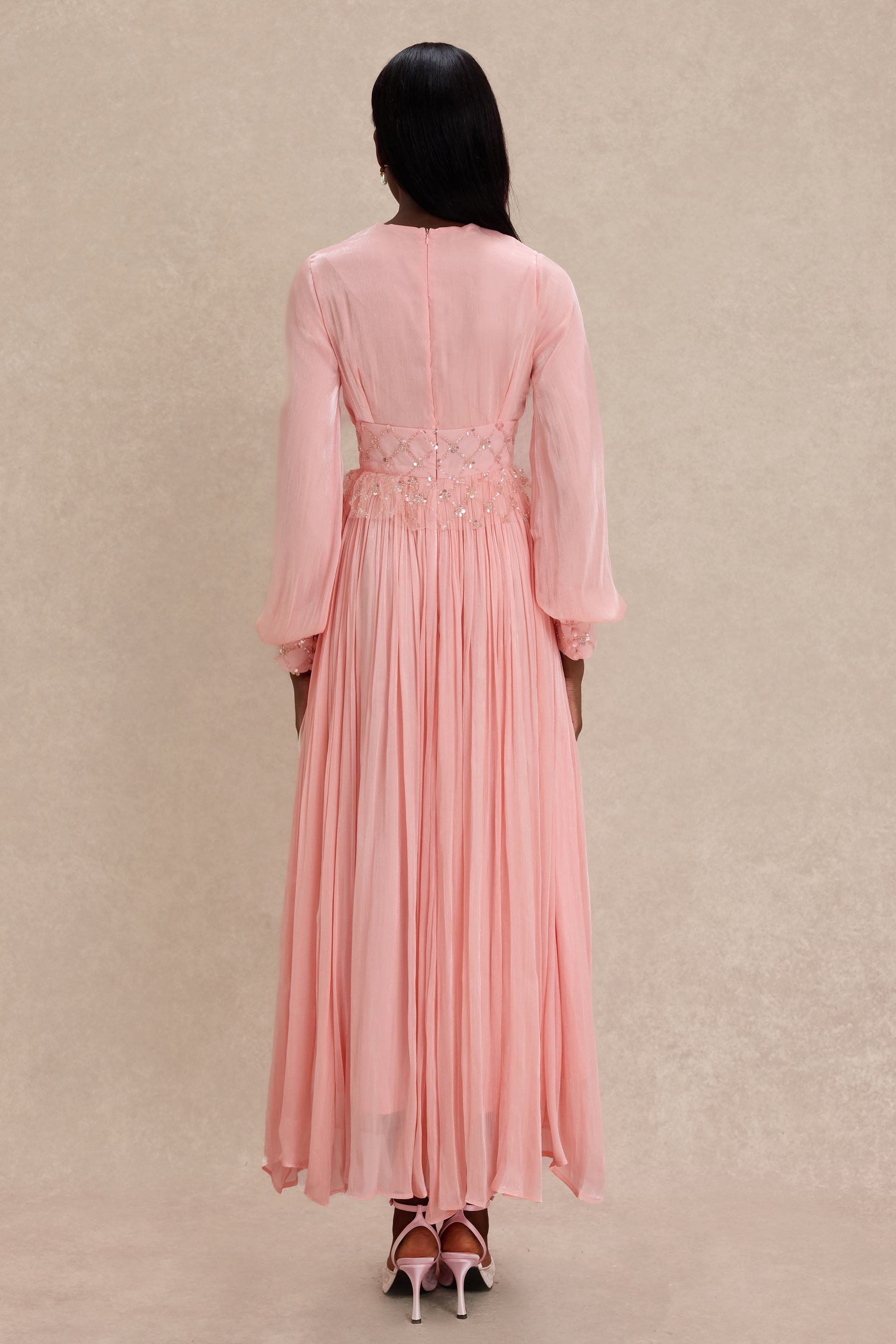 Beaded Round Neck Lantern Sleeve Midi Dress