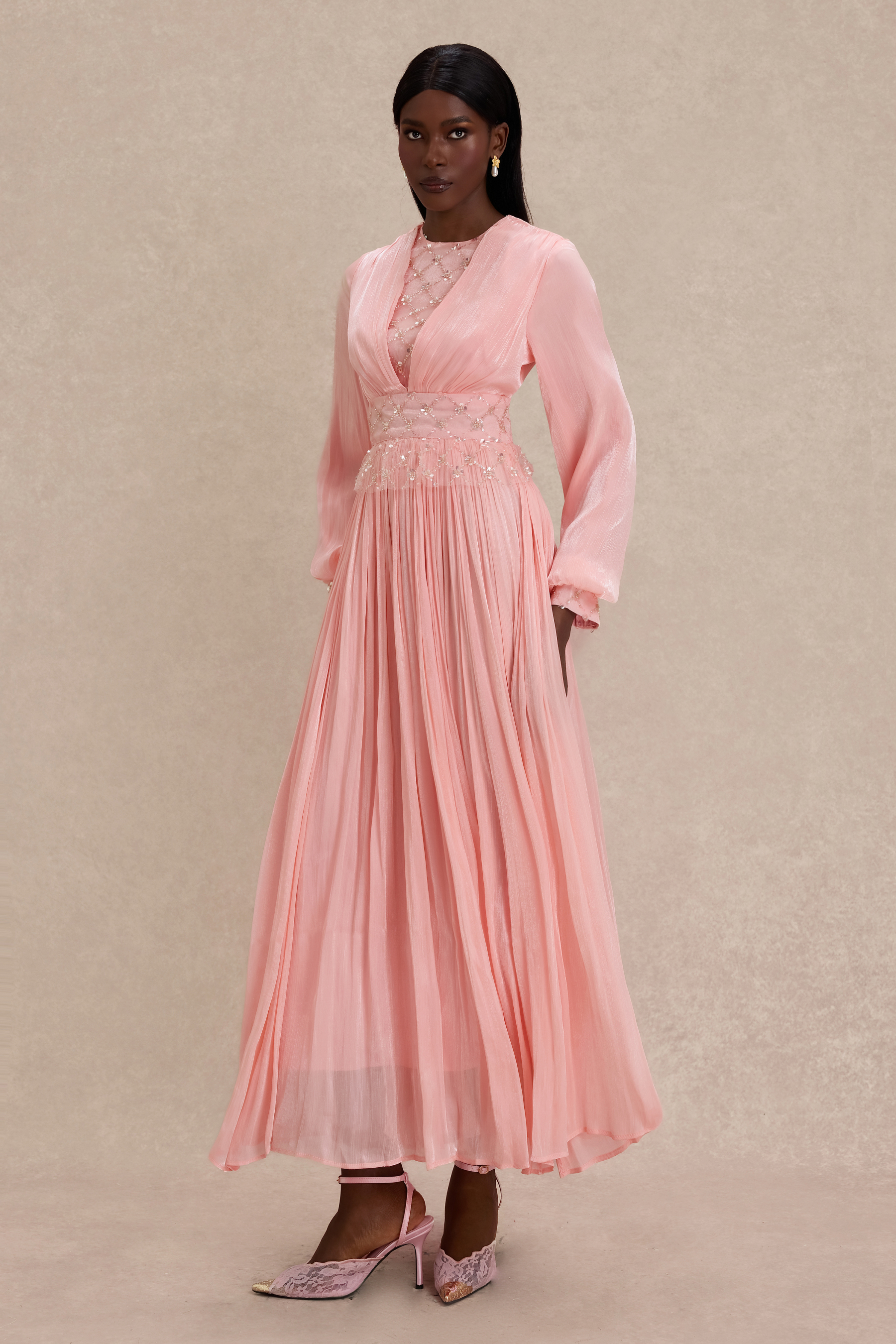Beaded Round Neck Lantern Sleeve Midi Dress