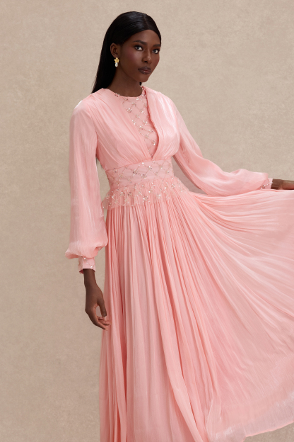 Beaded Round Neck Lantern Sleeve Midi Dress