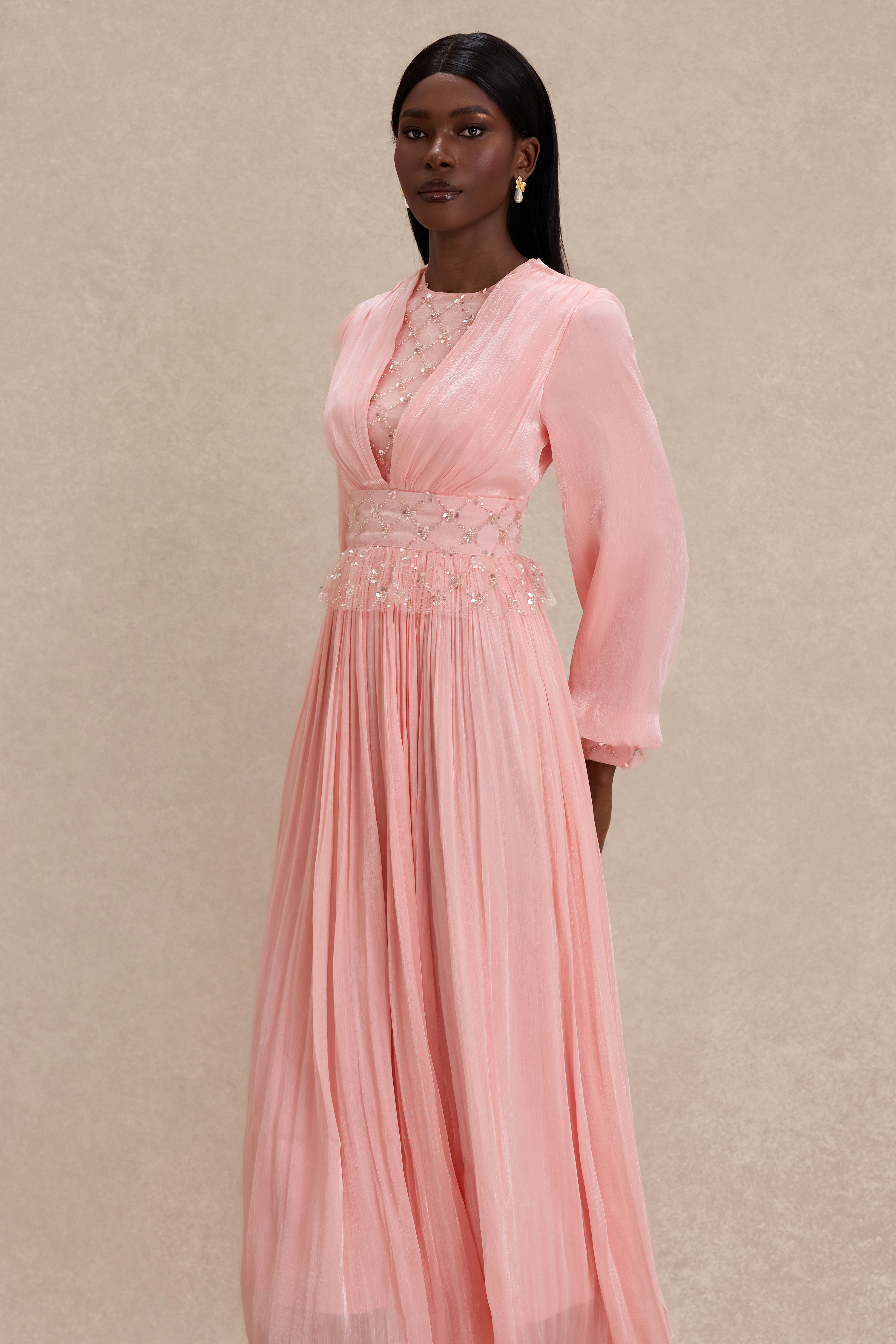 Beaded Round Neck Lantern Sleeve Midi Dress