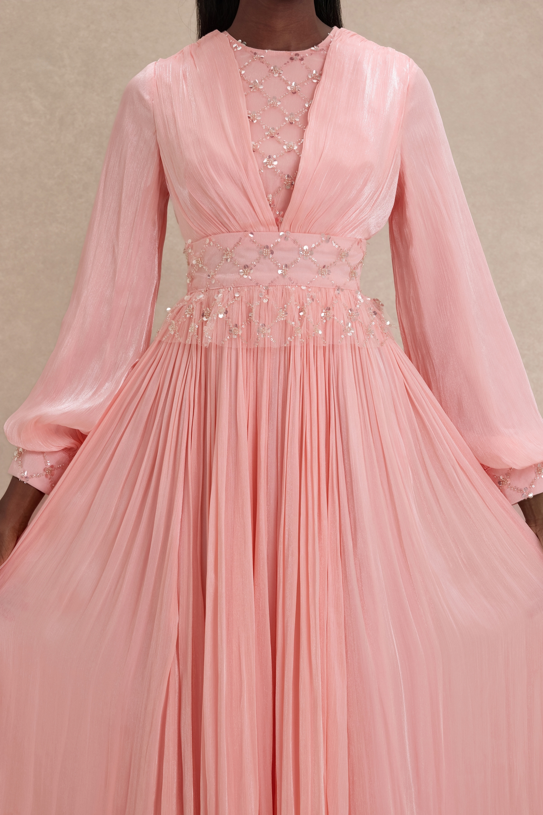 Beaded Round Neck Lantern Sleeve Midi Dress