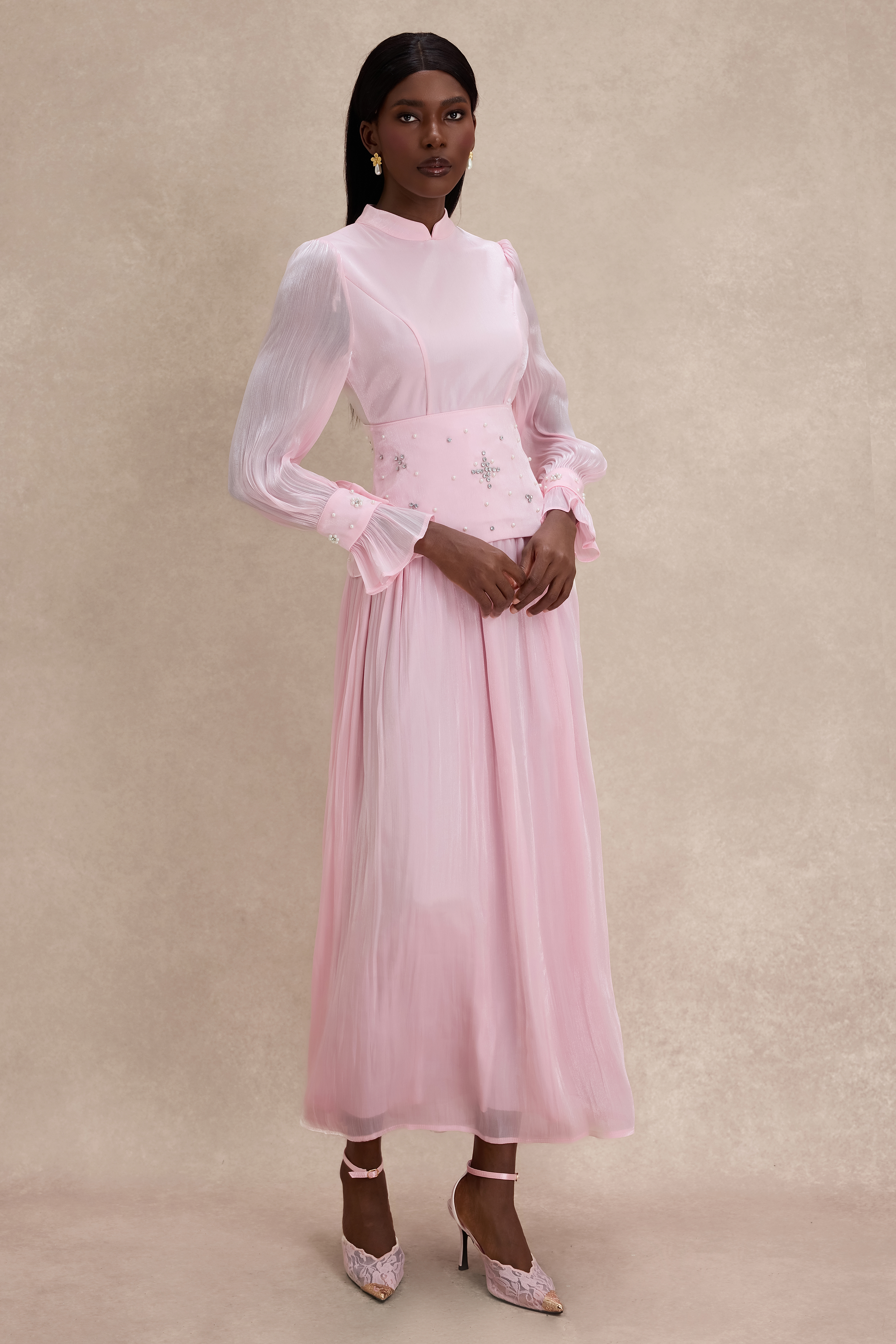 Faux Pearl Rhinestone Rivets Long Sleeve Midi Dress