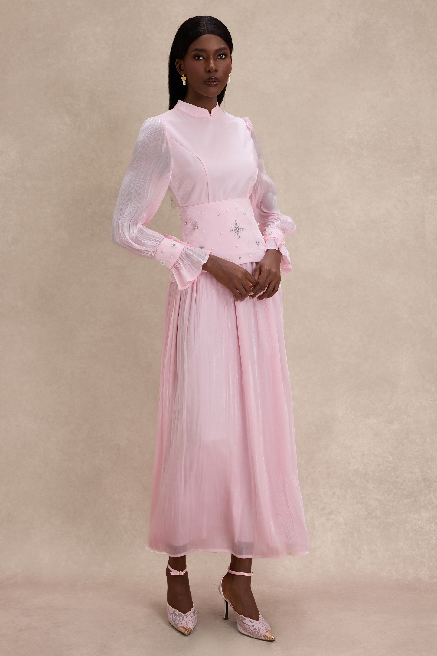 Faux Pearl Rhinestone Rivets Long Sleeve Midi Dress