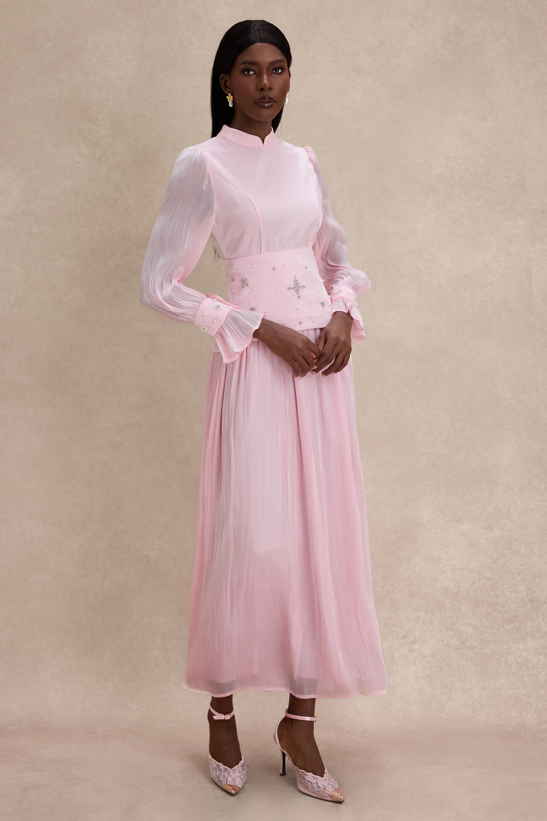 Faux Pearl Rhinestone Rivets Long Sleeve Midi Dress