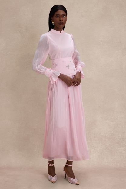 Faux Pearl Rhinestone Rivets Long Sleeve Midi Dress