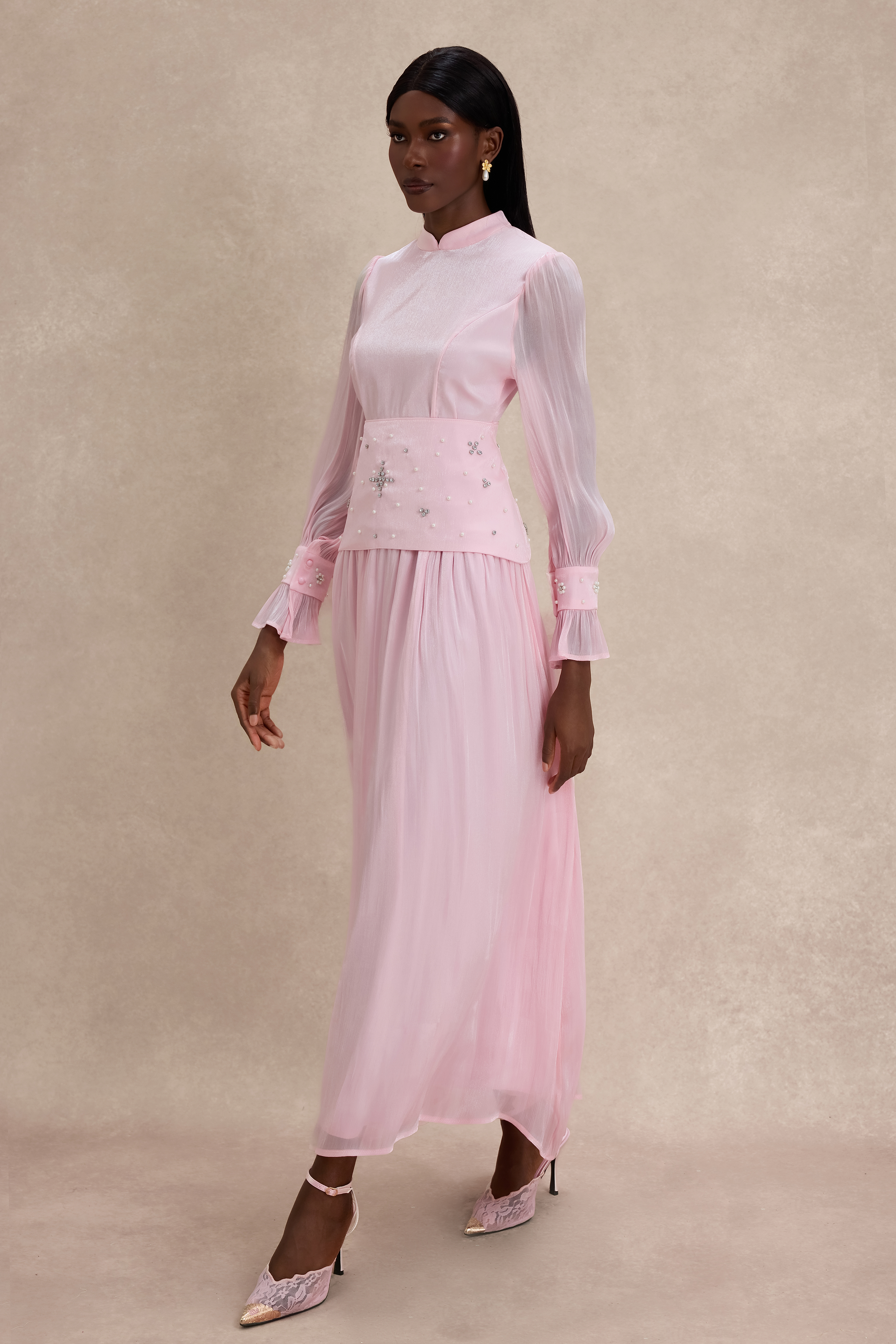 Faux Pearl Rhinestone Rivets Long Sleeve Midi Dress