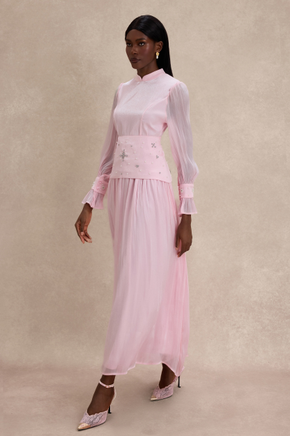 Faux Pearl Rhinestone Rivets Long Sleeve Midi Dress