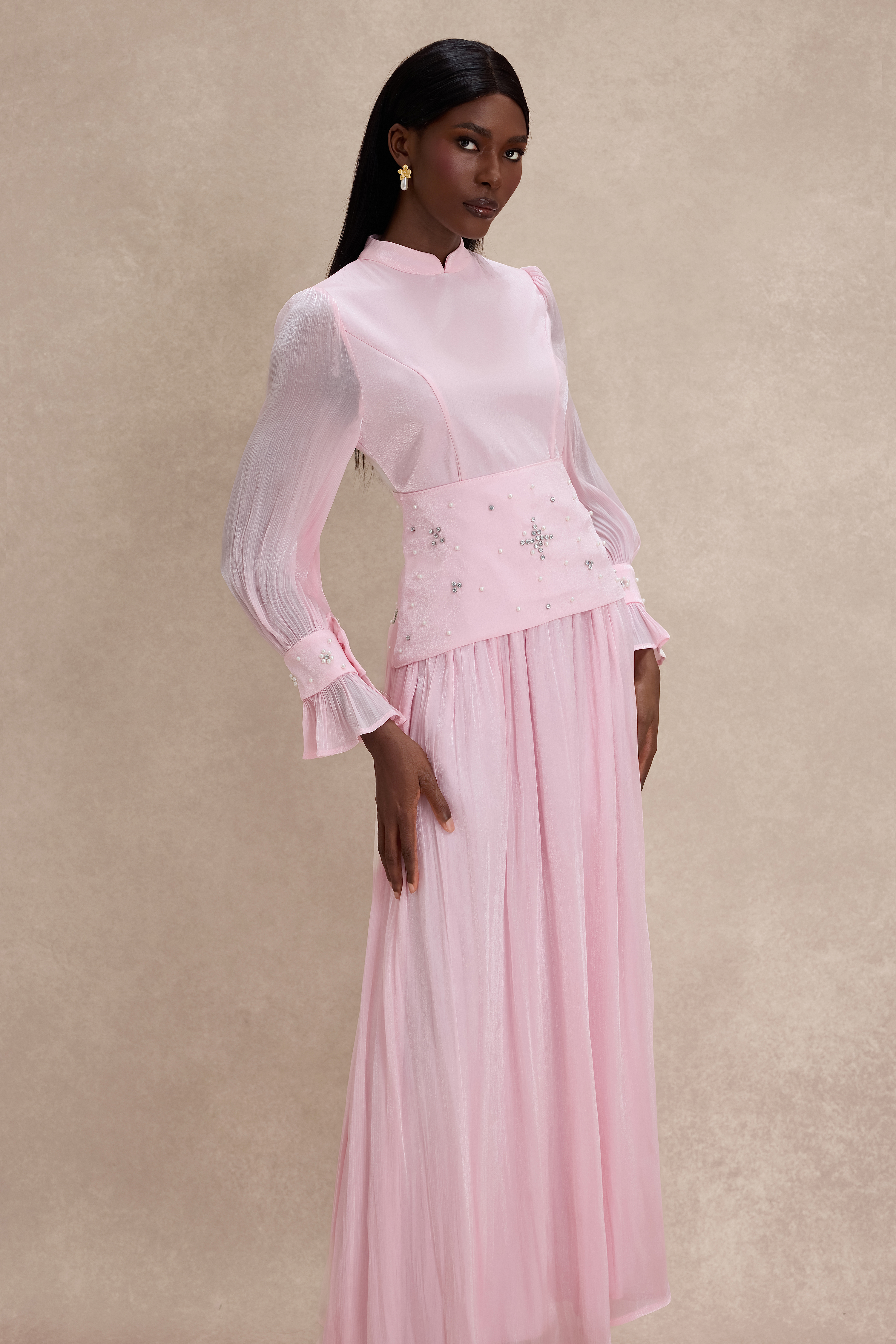 Faux Pearl Rhinestone Rivets Long Sleeve Midi Dress