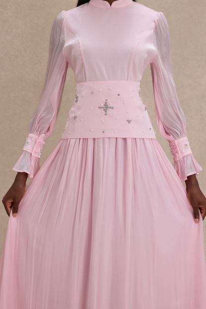 Faux Pearl Rhinestone Rivets Long Sleeve Midi Dress