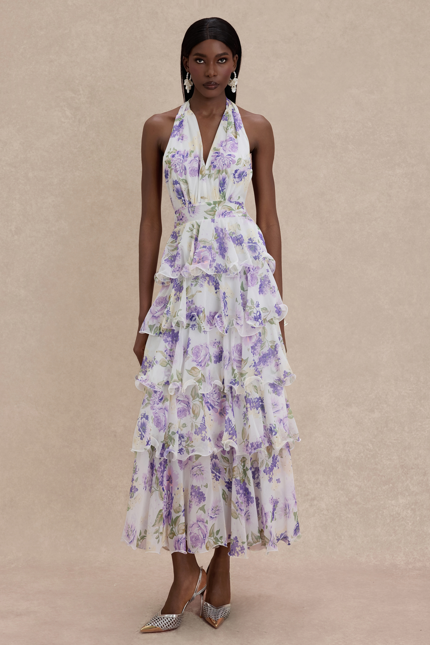 Floral Ruffle Halter Neck Midi Dress