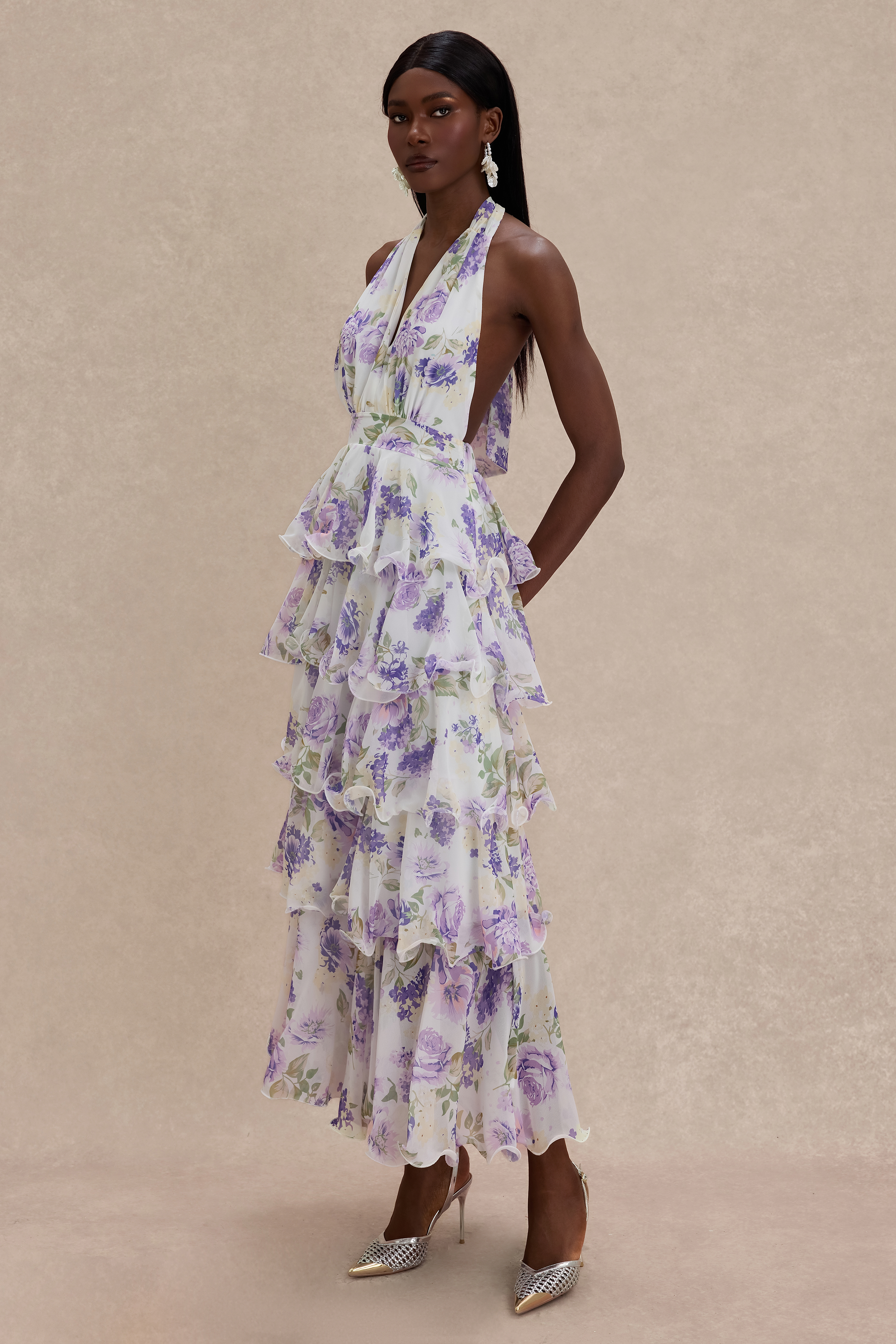 Floral Ruffle Halter Neck Midi Dress