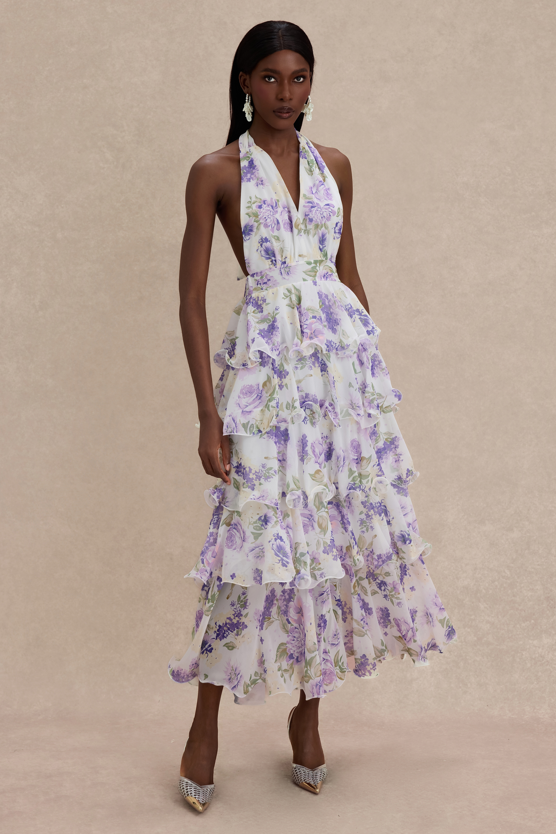 Floral Ruffle Halter Neck Midi Dress