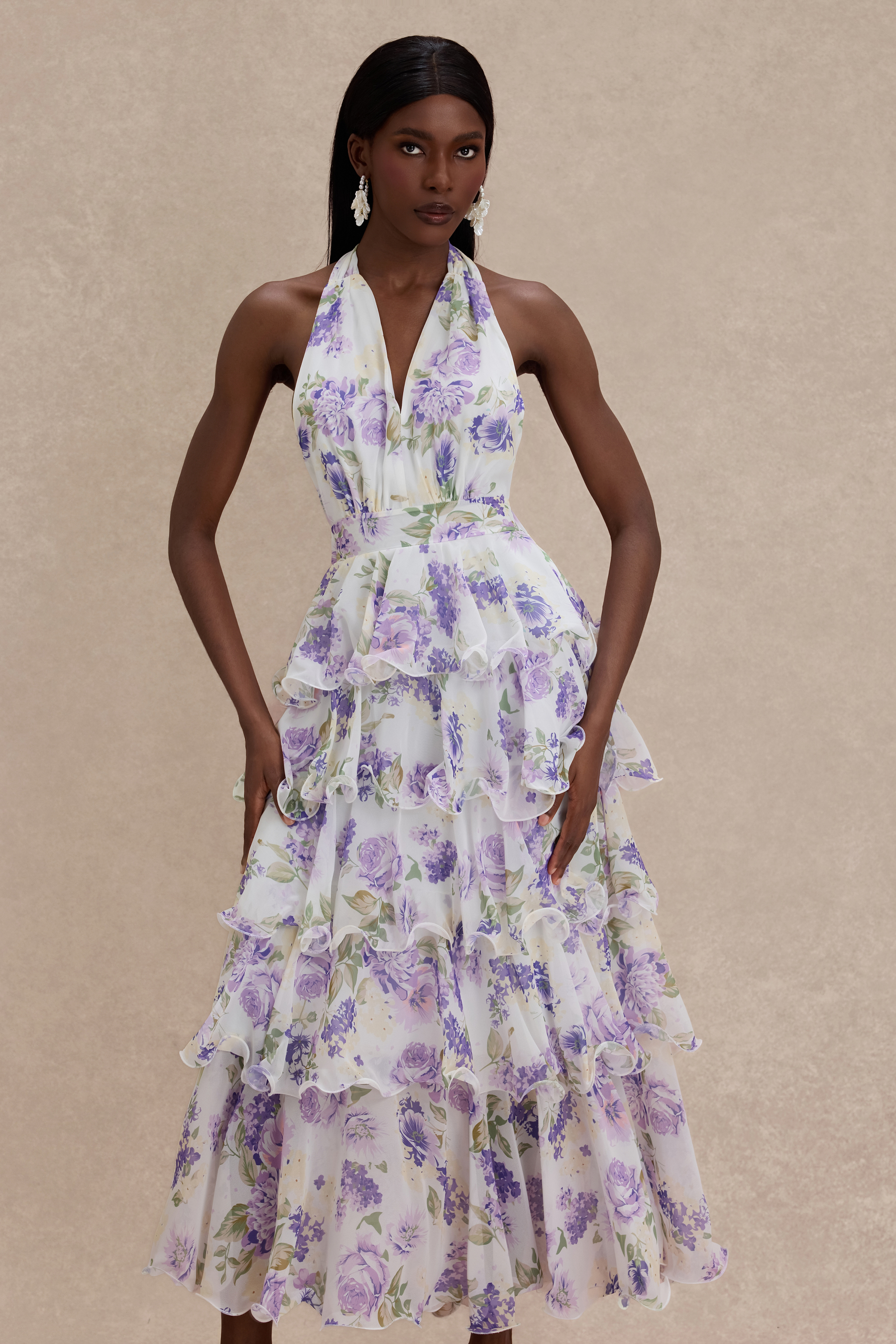 Floral Ruffle Halter Neck Midi Dress