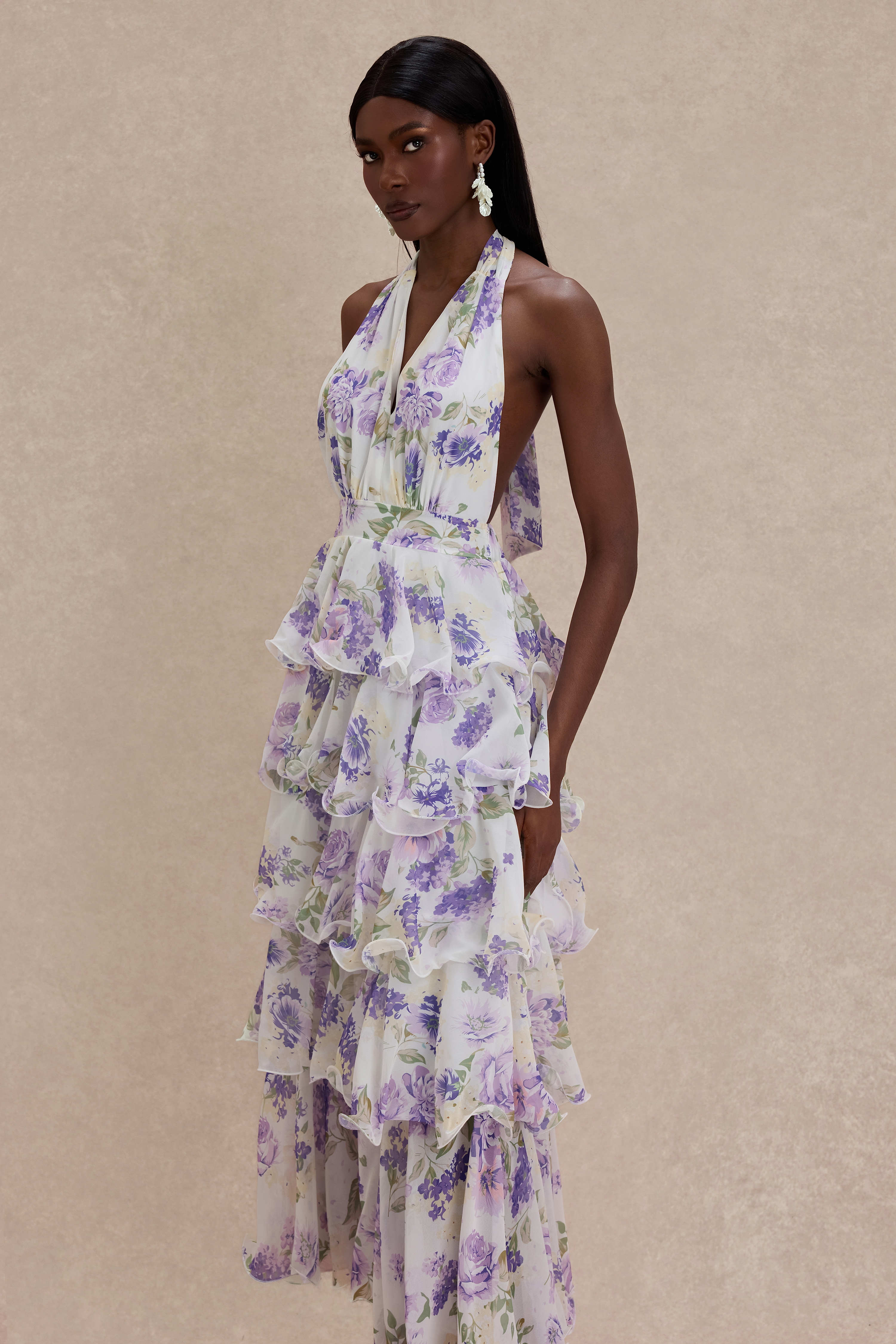 Floral Ruffle Halter Neck Midi Dress