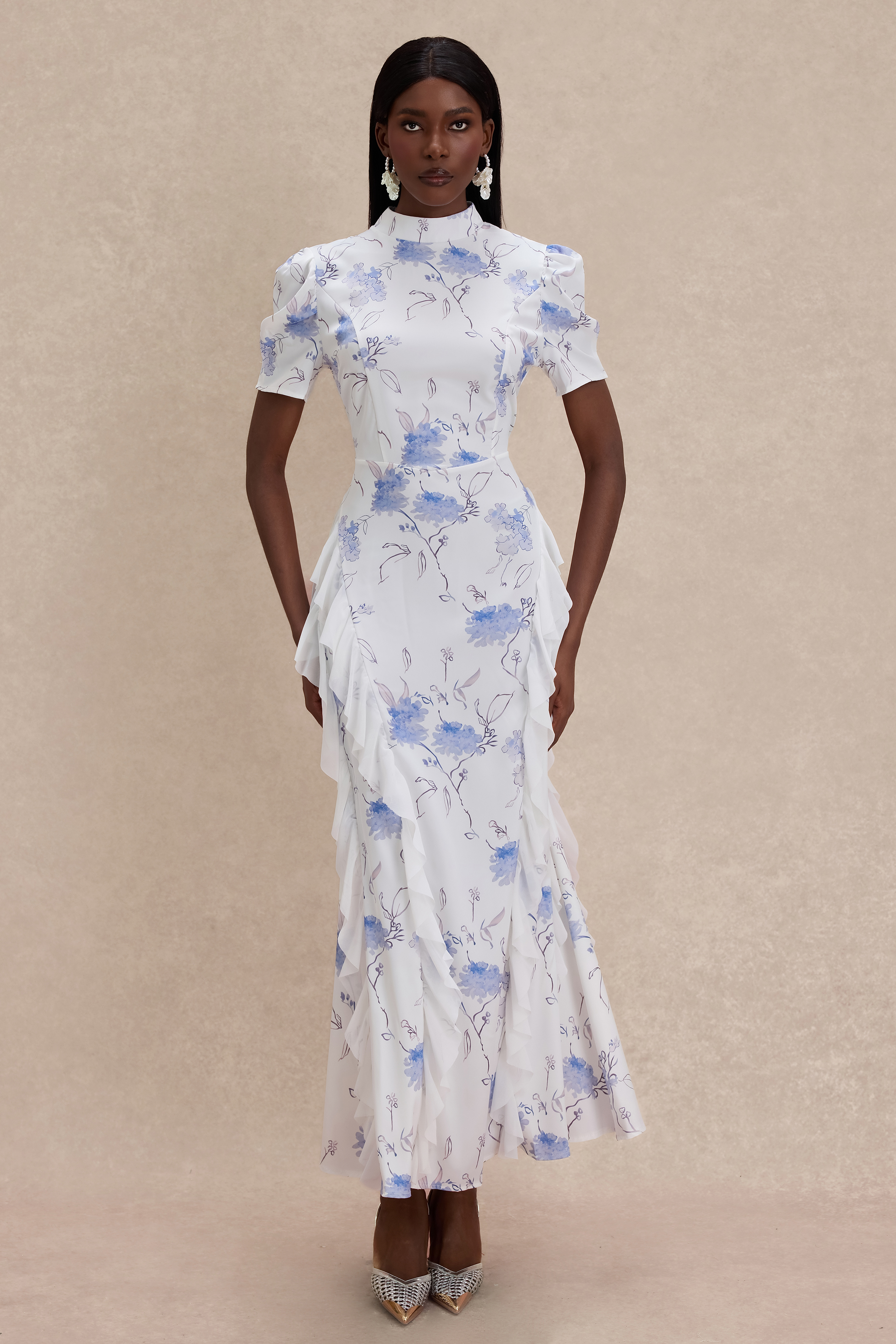 Floral Ruffle Stand Collar Maxi Dress