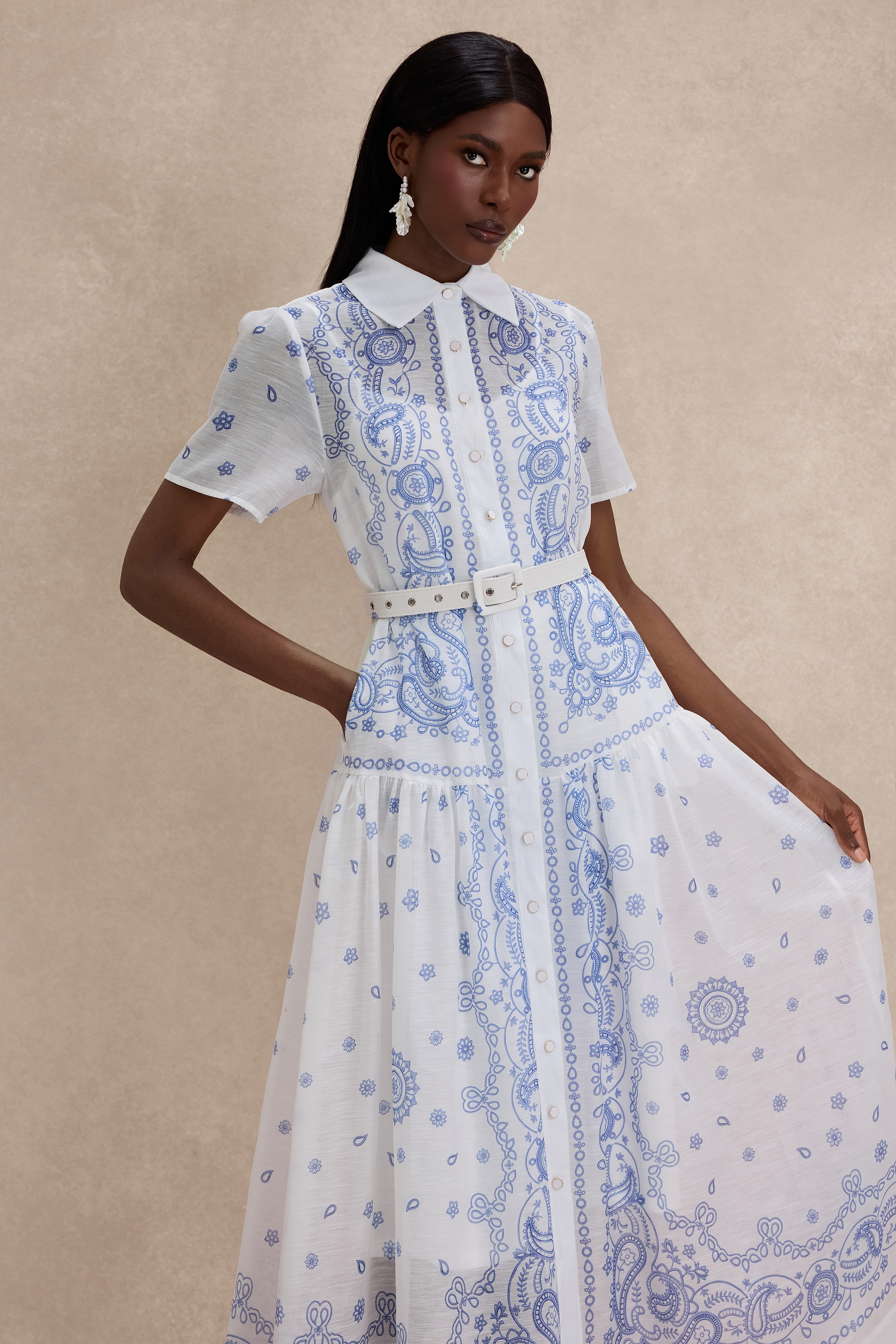 Paisley Print Single Breasted Midi Dress With Belt
