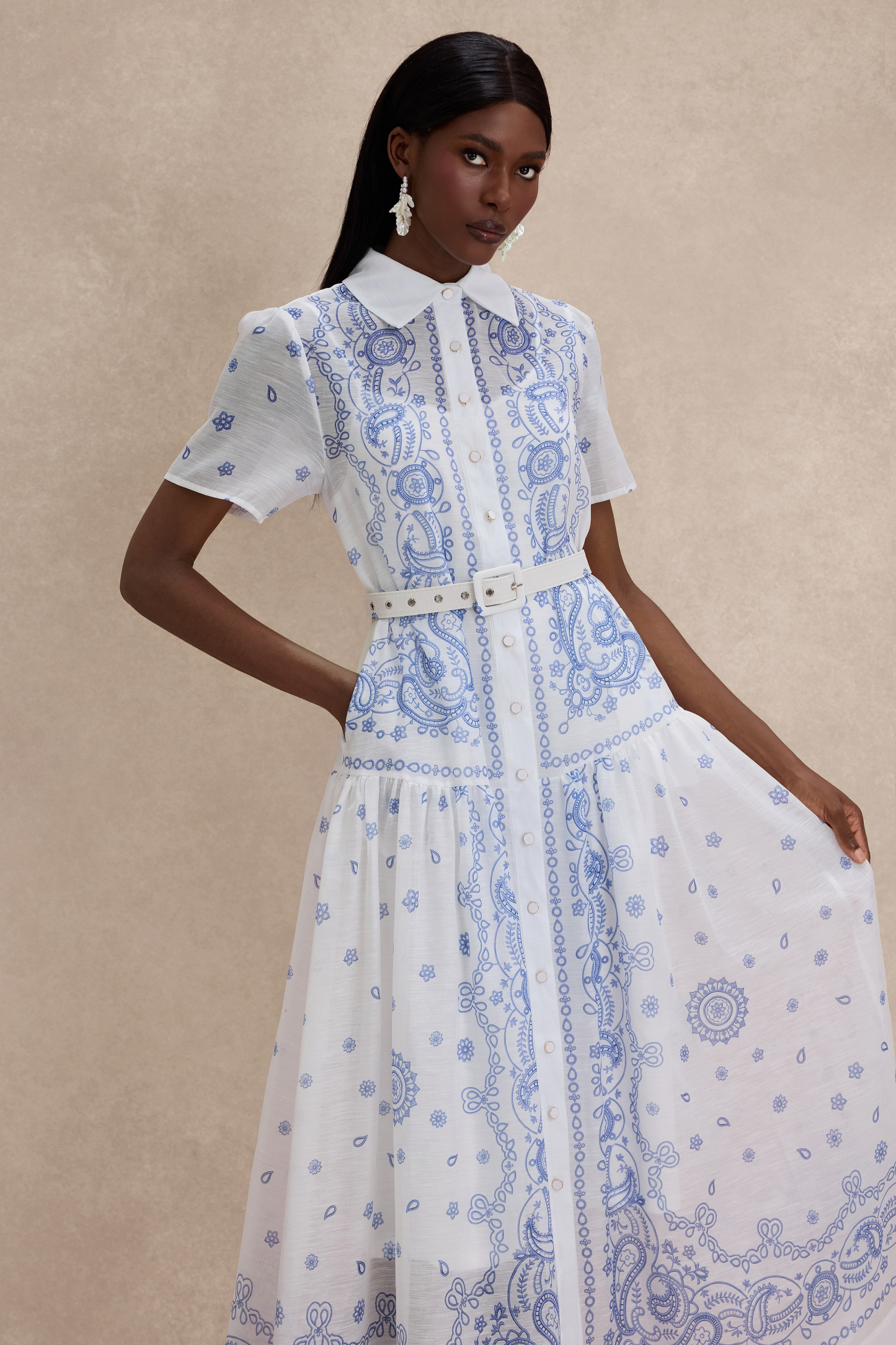 Paisley Print Single Breasted Midi Dress With Belt