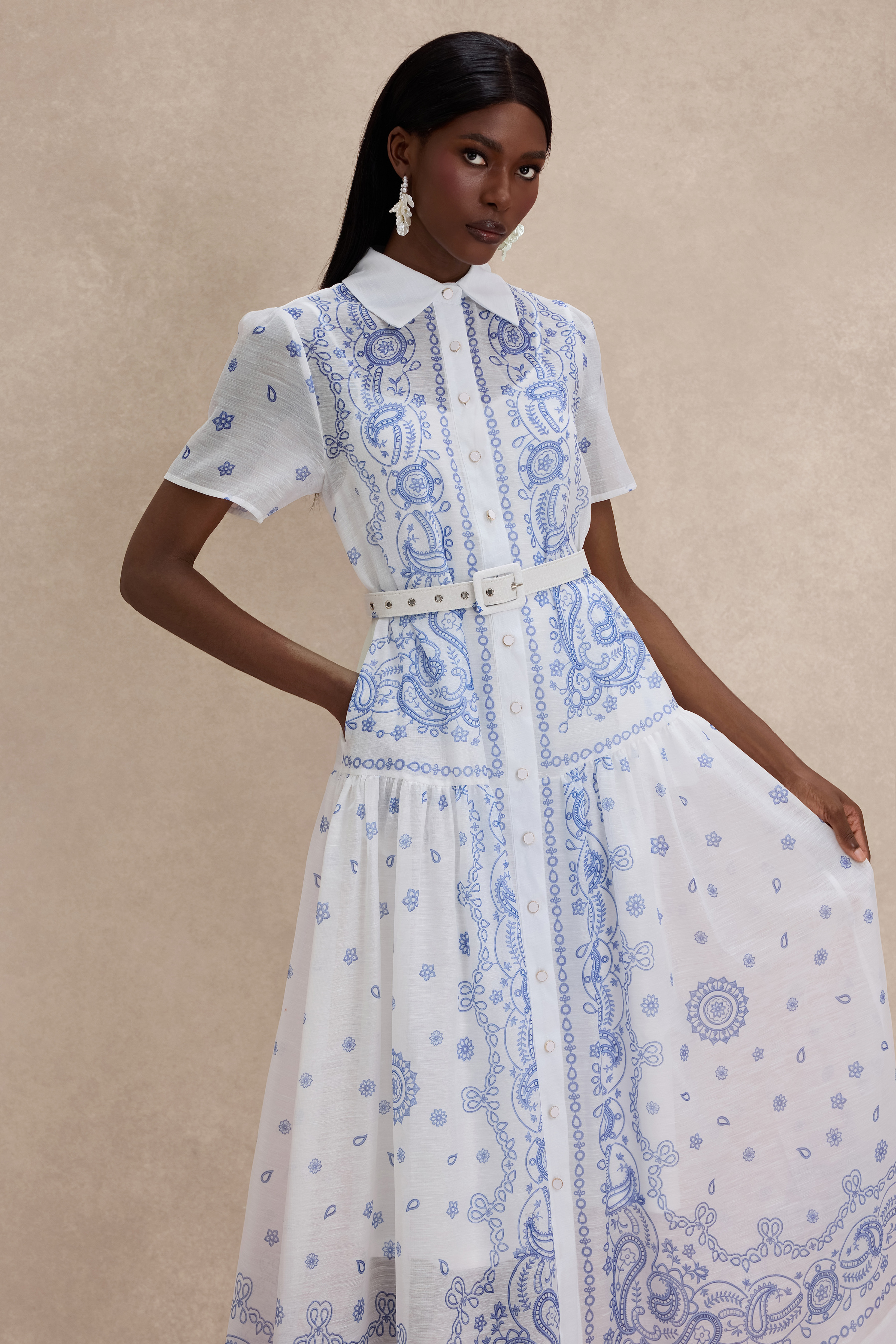 Paisley Print Single Breasted Midi Dress With Belt