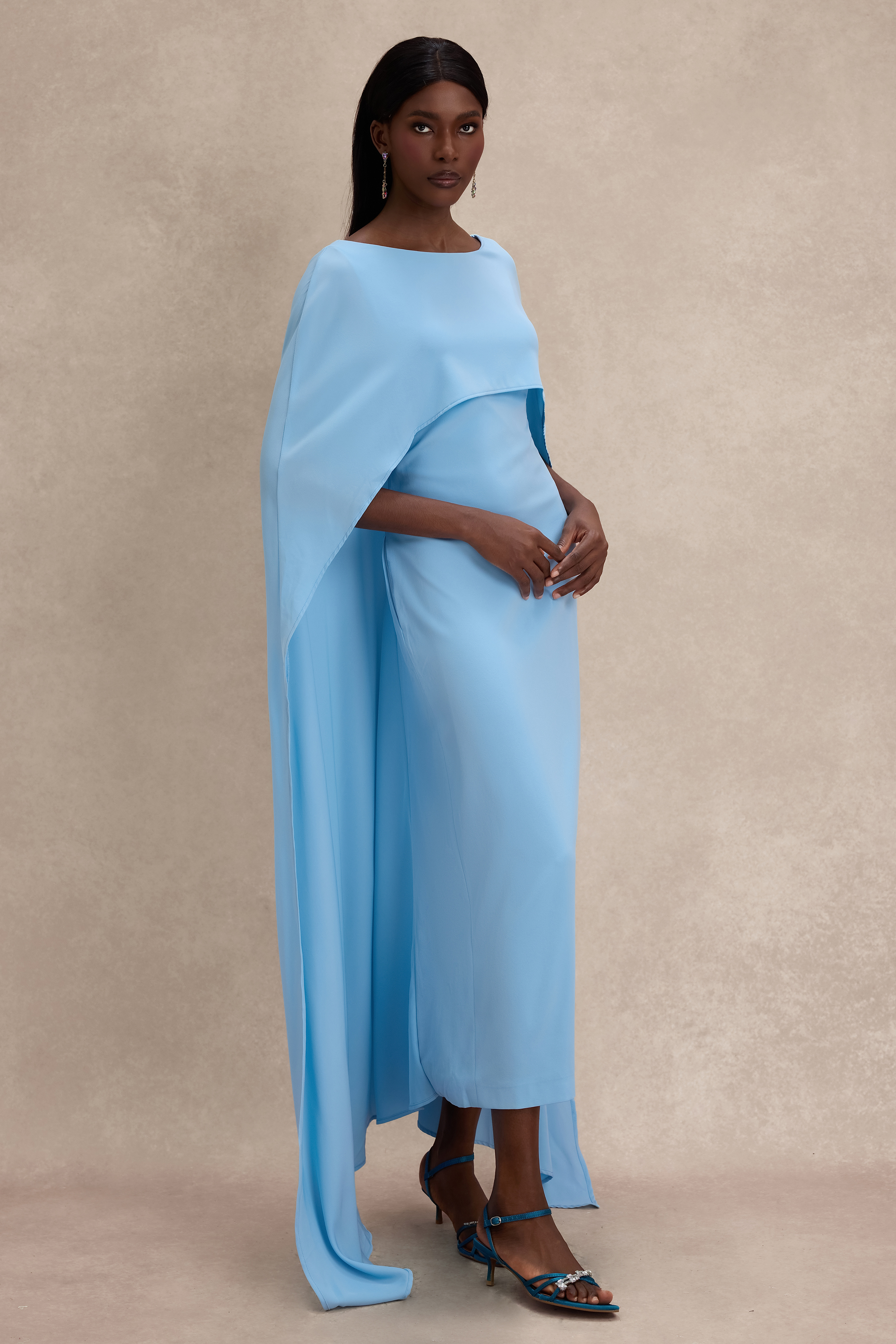 Solid Cape Sleeve Boat Neck Midi Dress