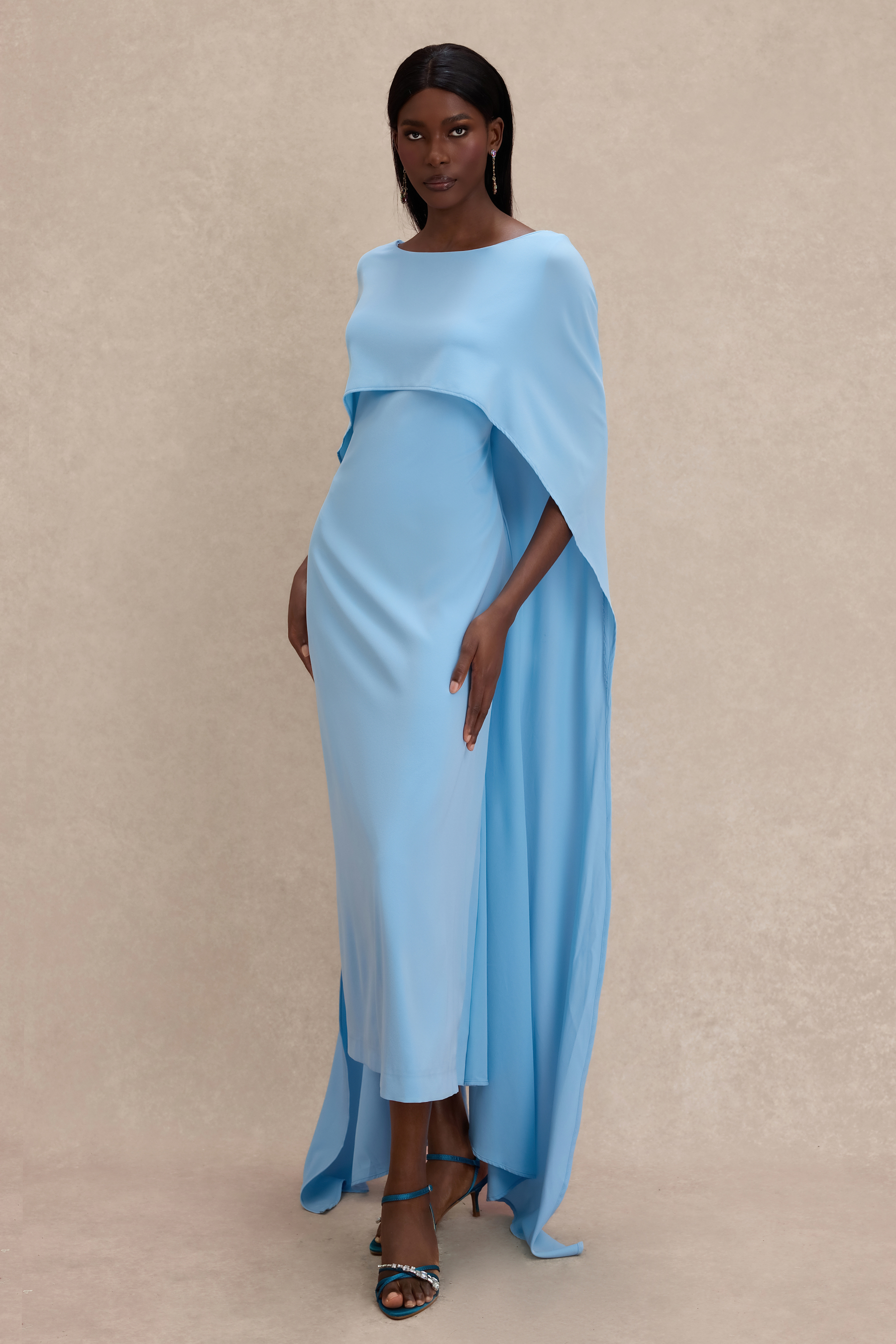 Solid Cape Sleeve Boat Neck Midi Dress