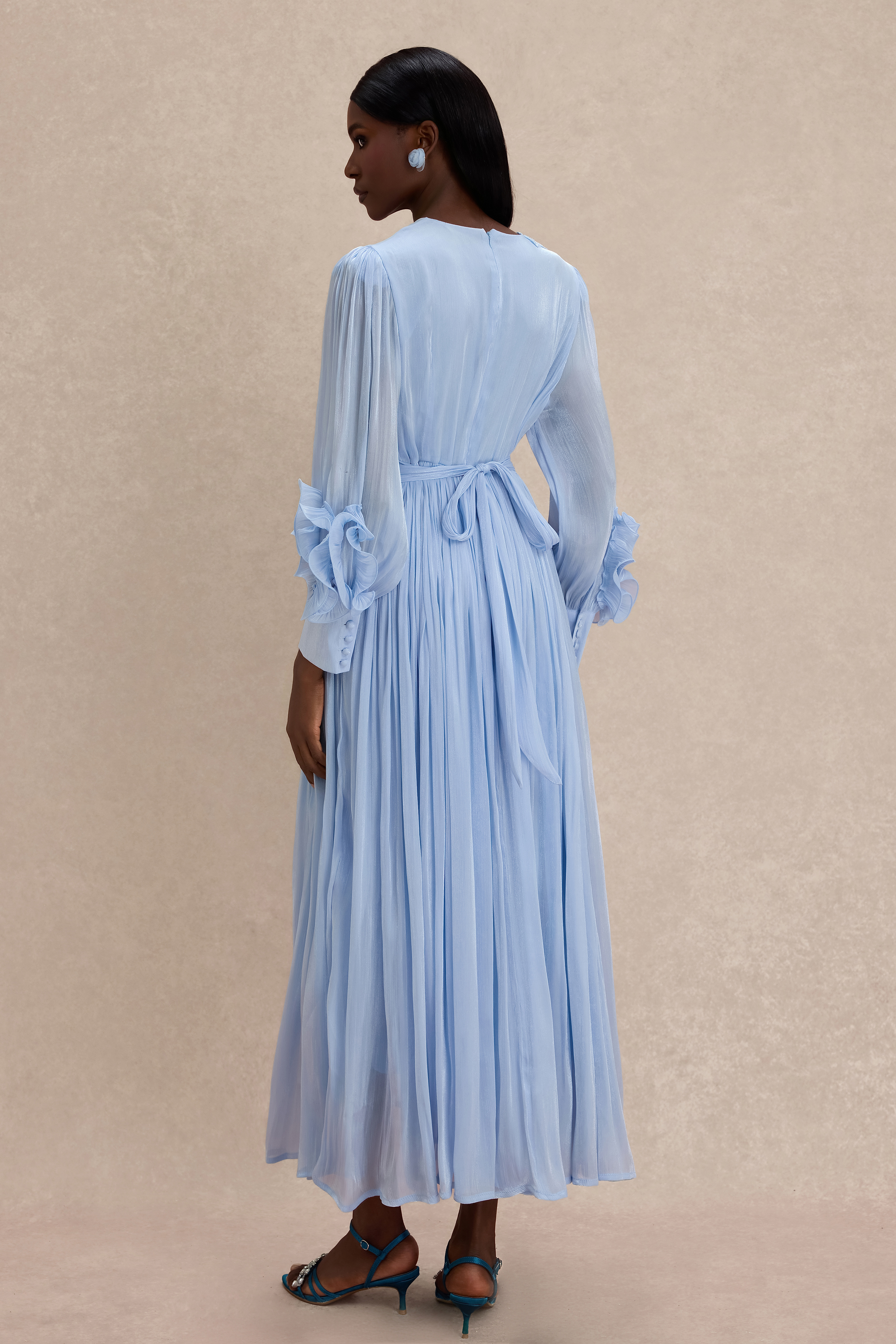 Satin V-Neck Ruffle Midi Dress