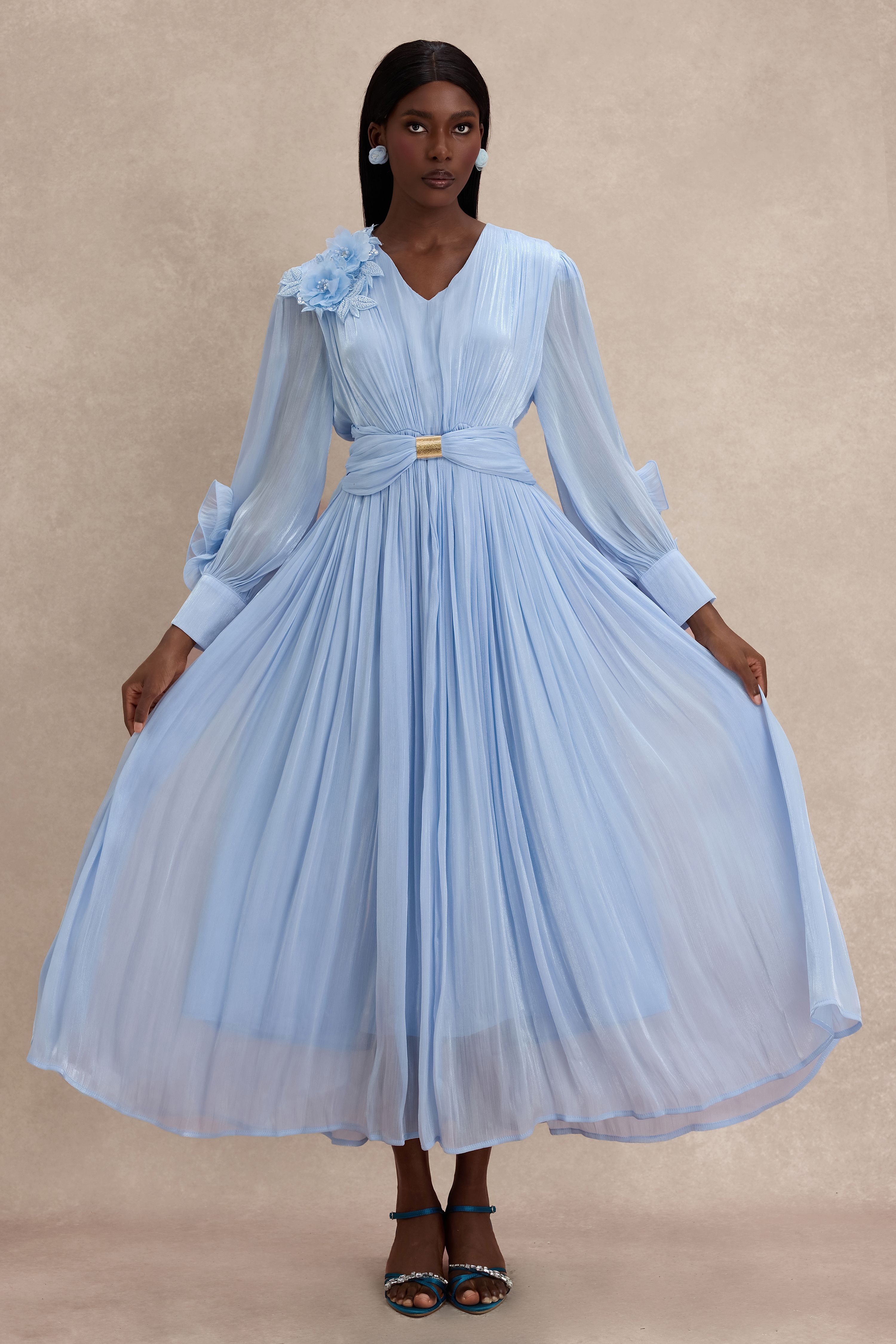 Satin V-Neck Ruffle Midi Dress