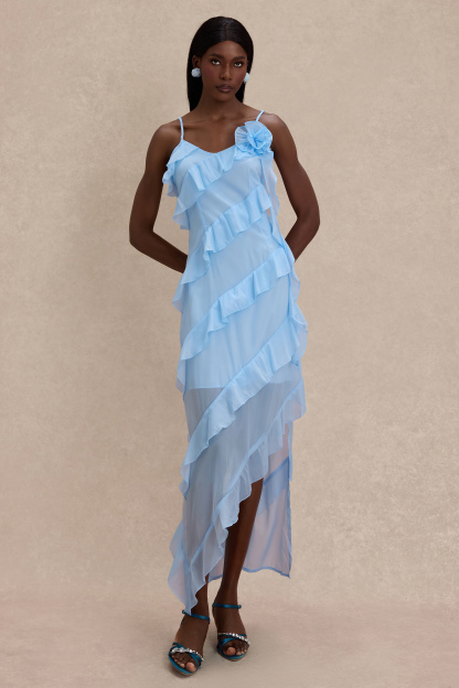 3D Flower Frill Slip Midi Dress