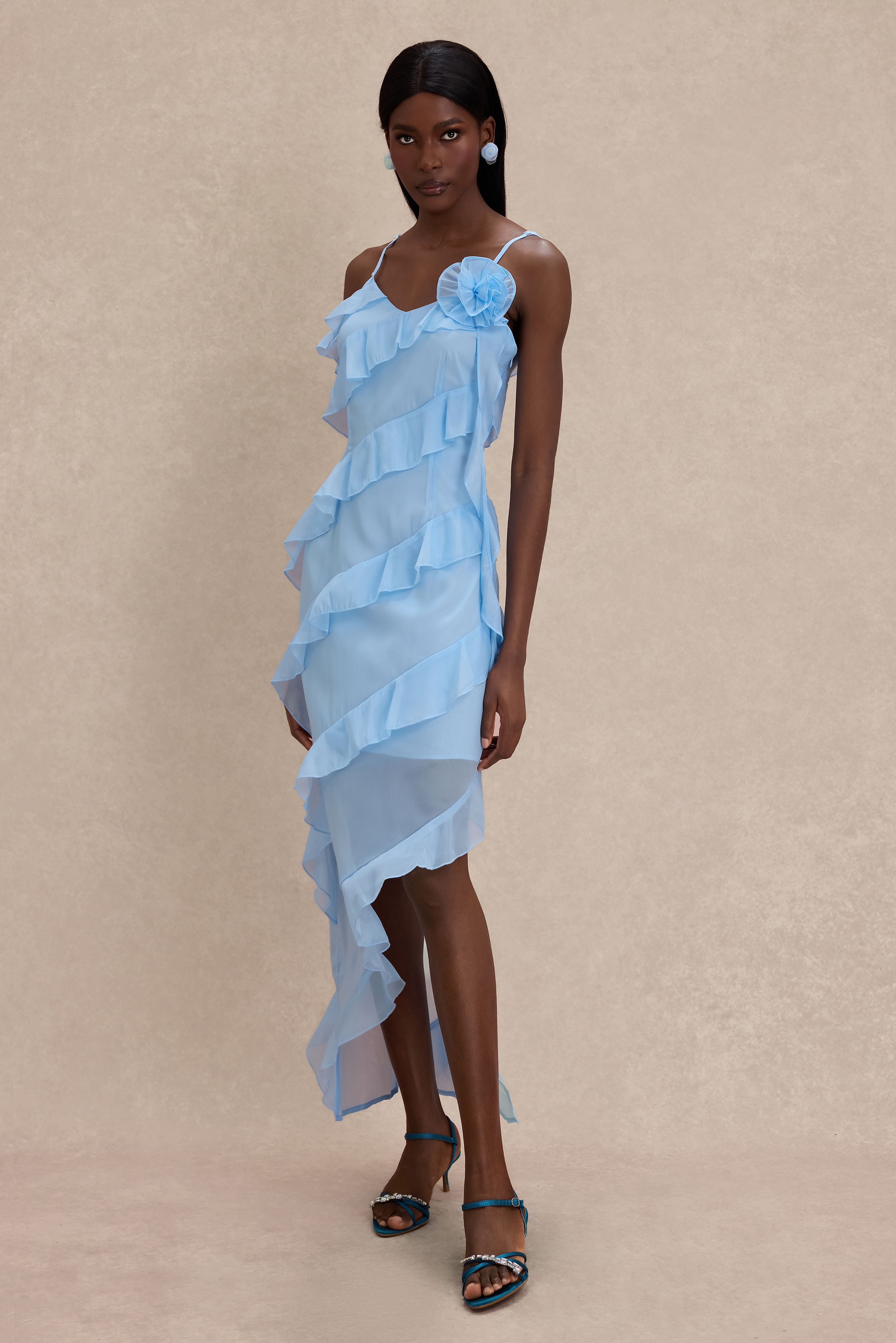 3D Flower Frill Slip Midi Dress