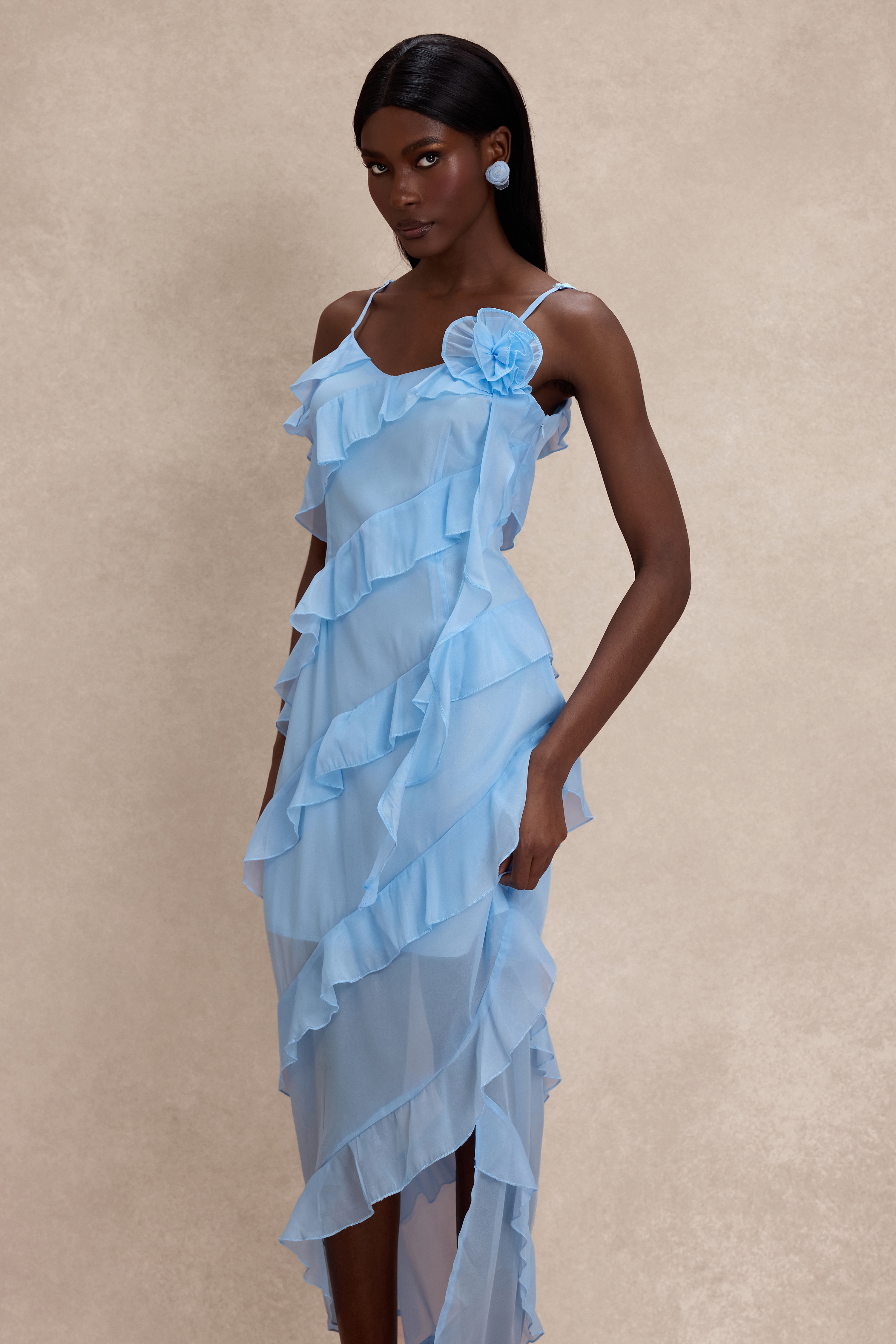 3D Flower Frill Slip Midi Dress
