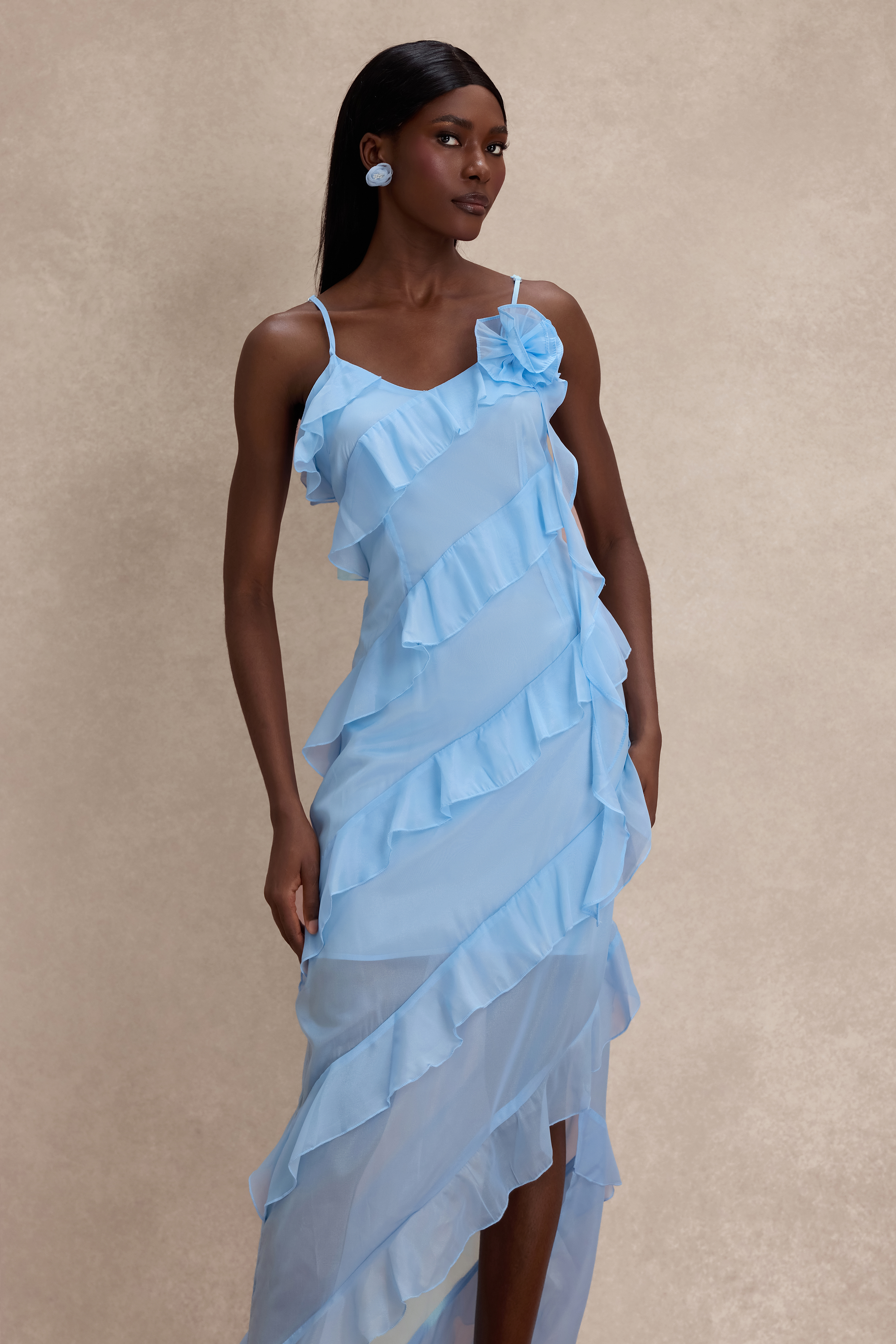 3D Flower Frill Slip Midi Dress