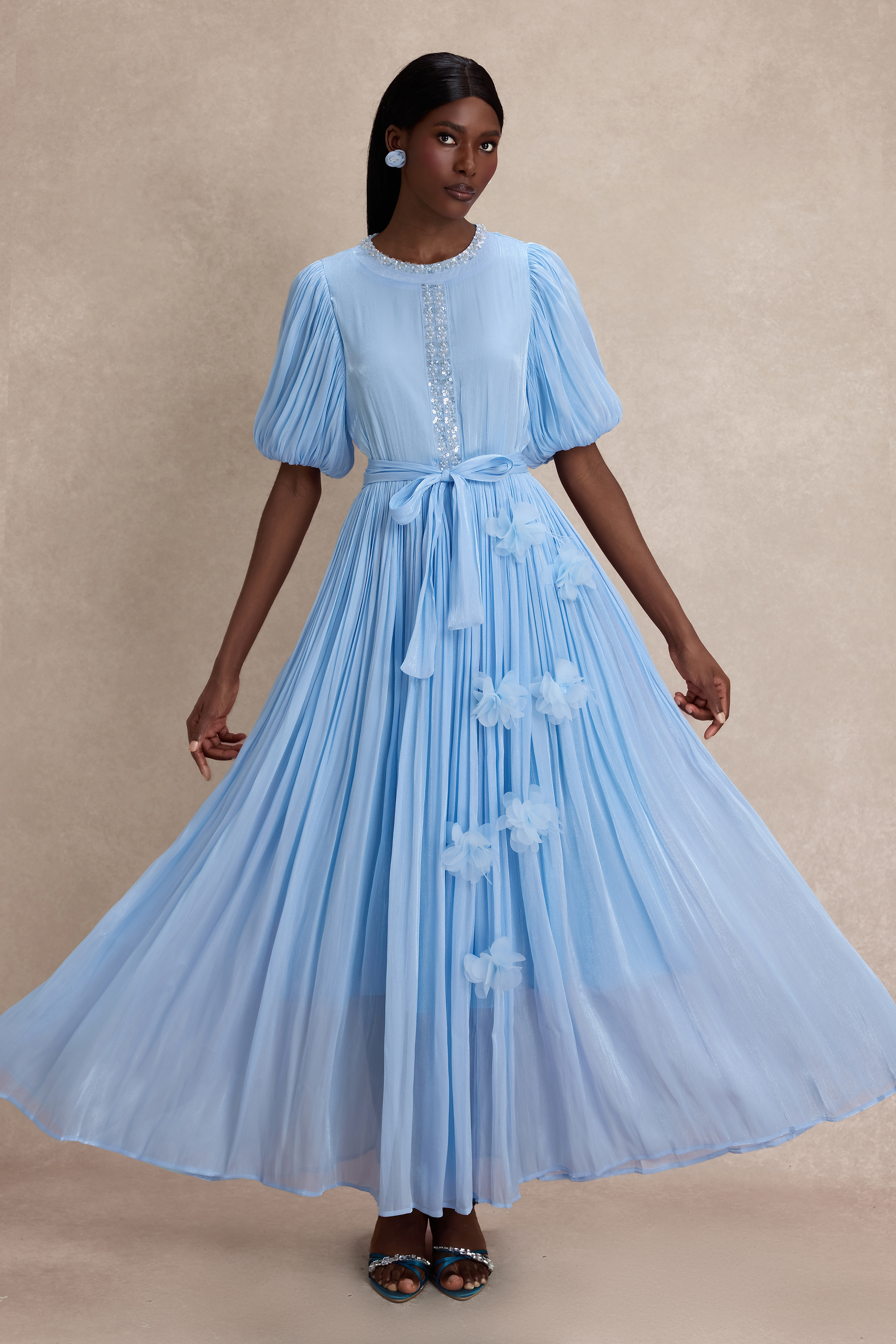 3D Flower Nail Bead Embroidery Maxi Dress