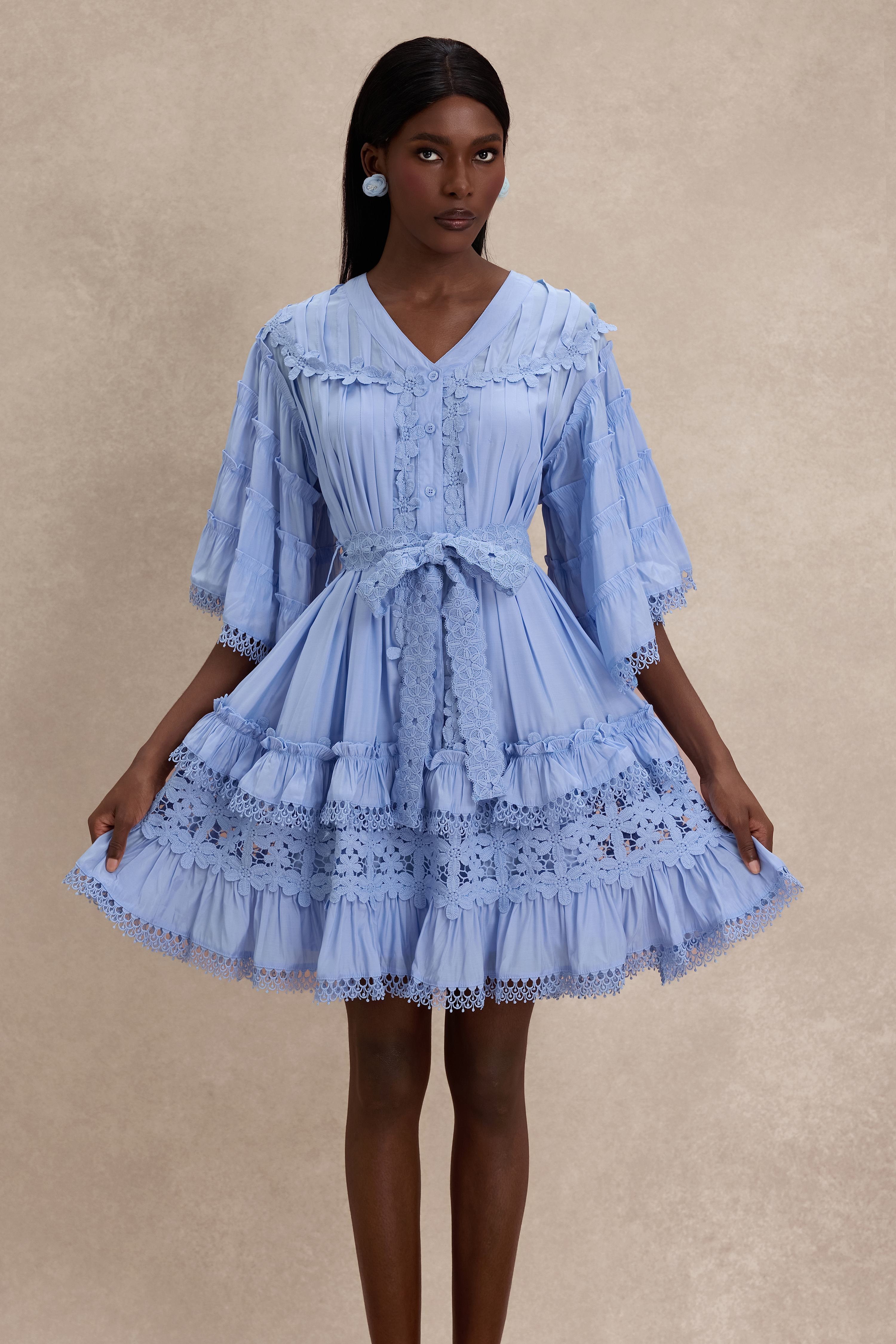 Lace Frill Bell Sleeve Mini Dress