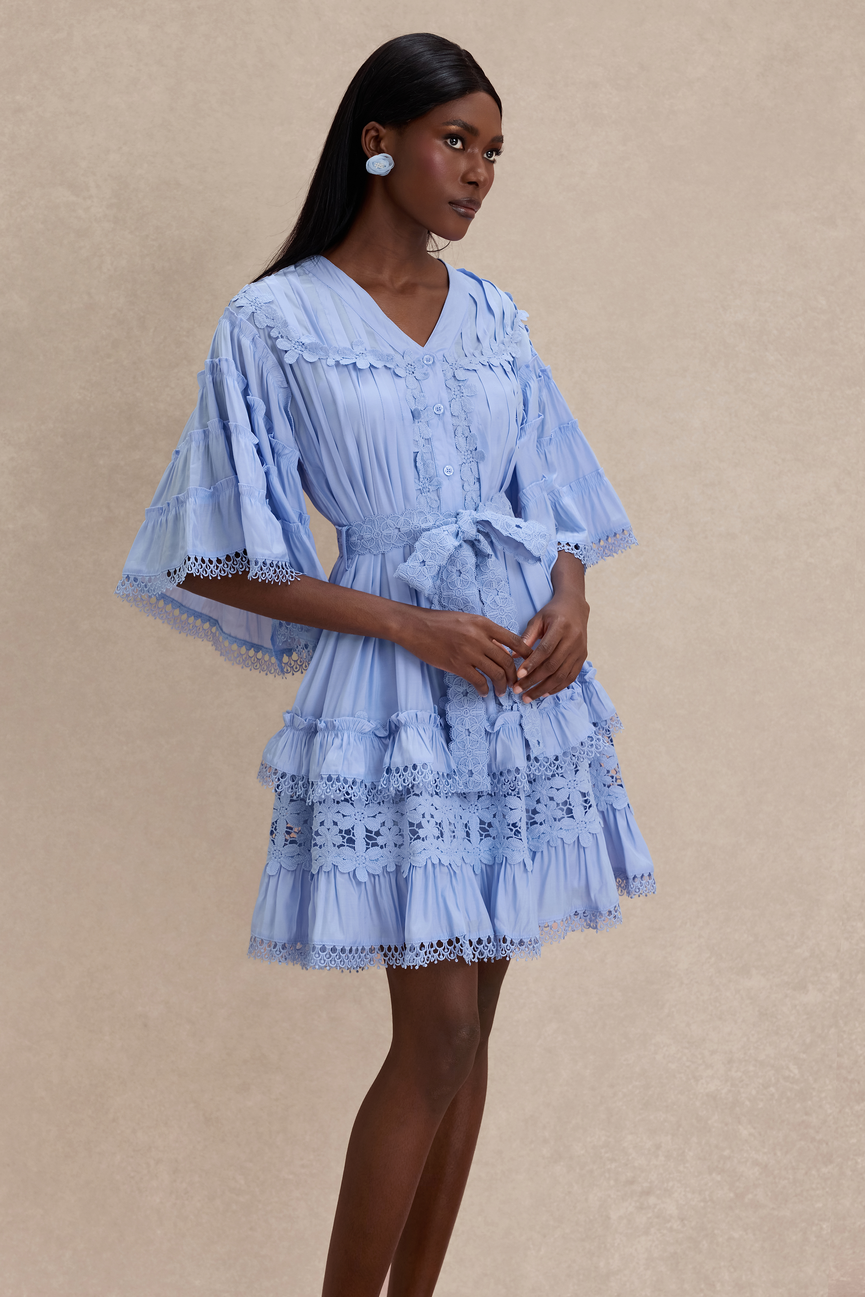 Lace Frill Bell Sleeve Mini Dress