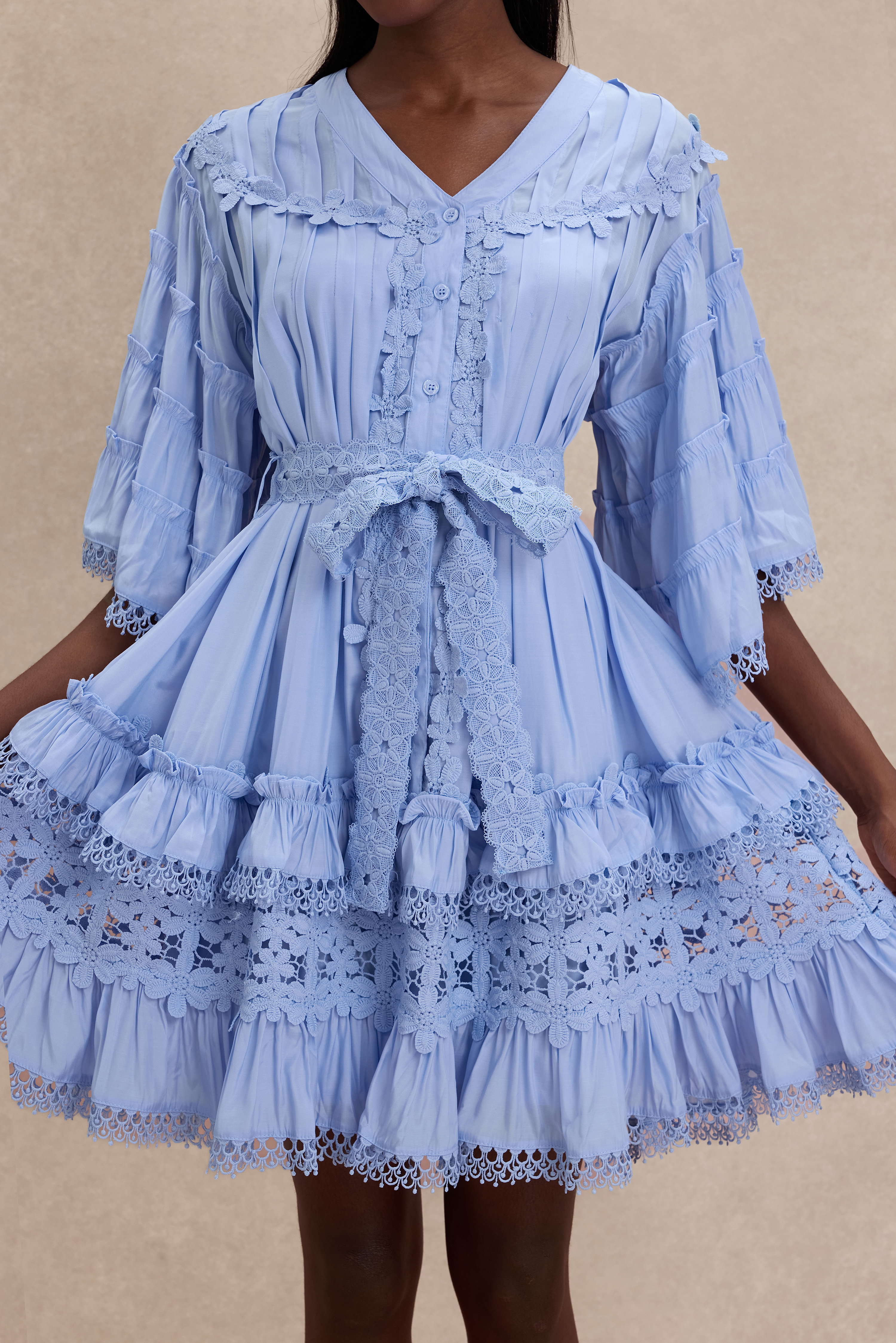 Lace Frill Bell Sleeve Mini Dress