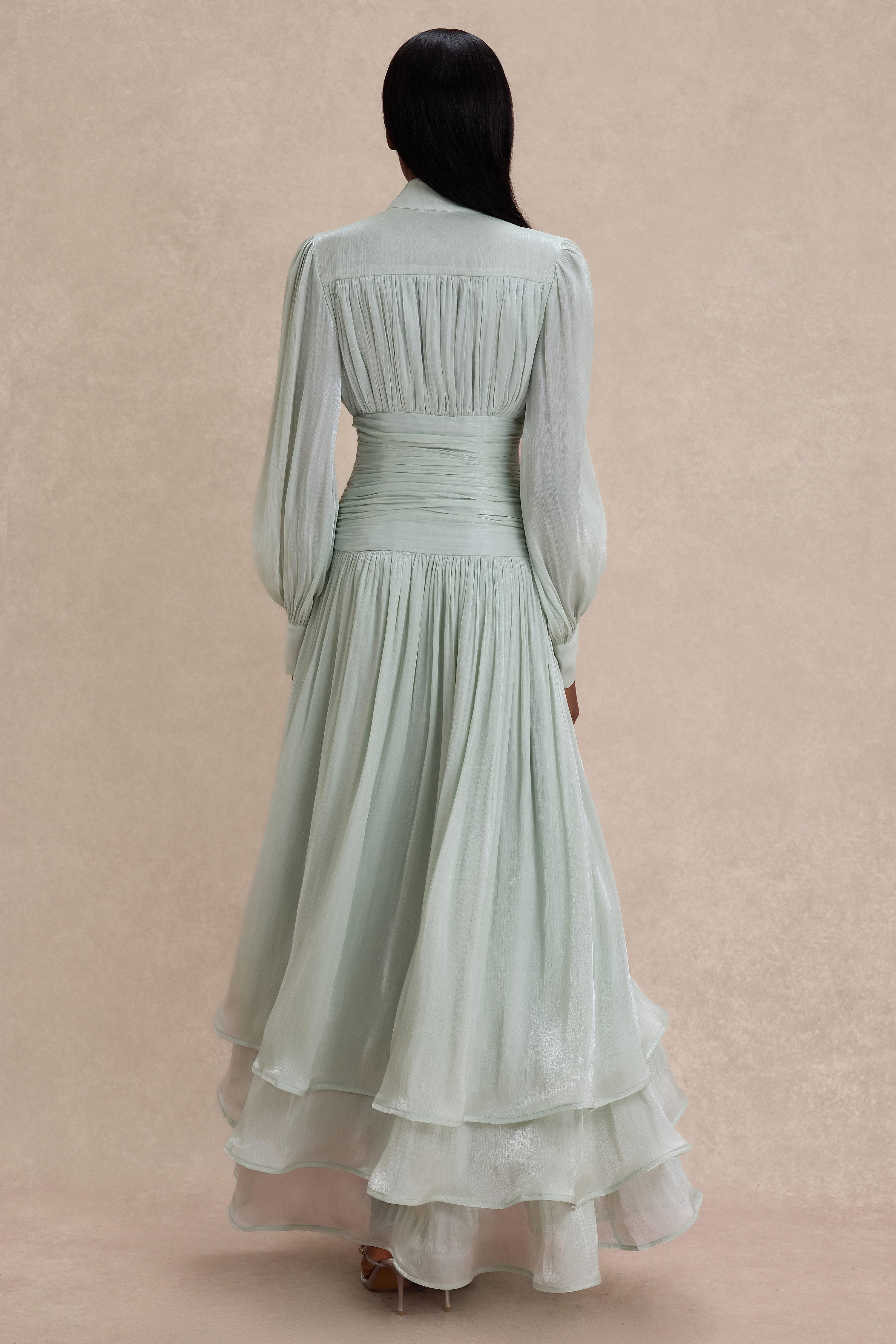 Satin Ruffle Lantern Sleeve Midi Dress