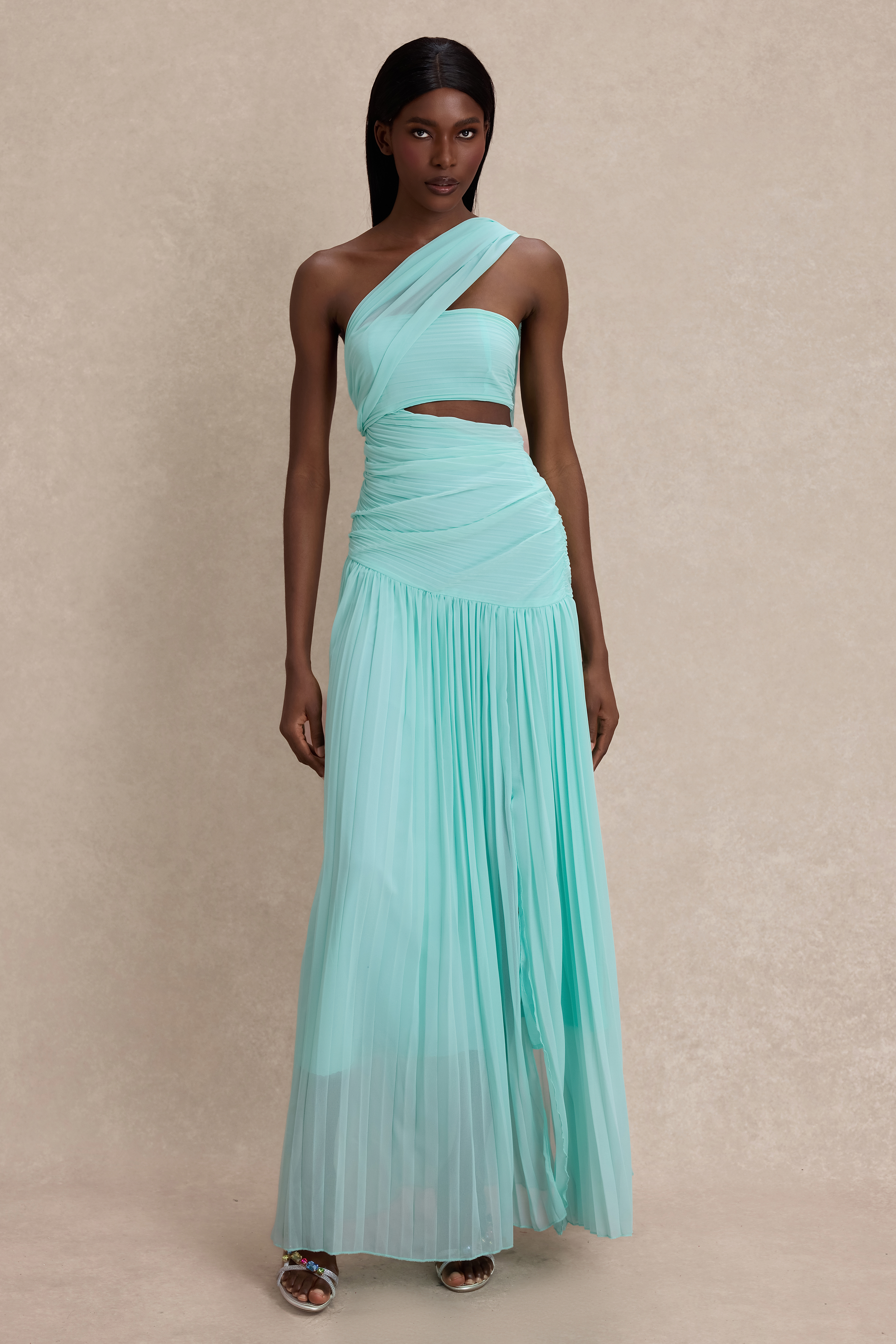 Chiffon Pleated Slit Maxi Dress