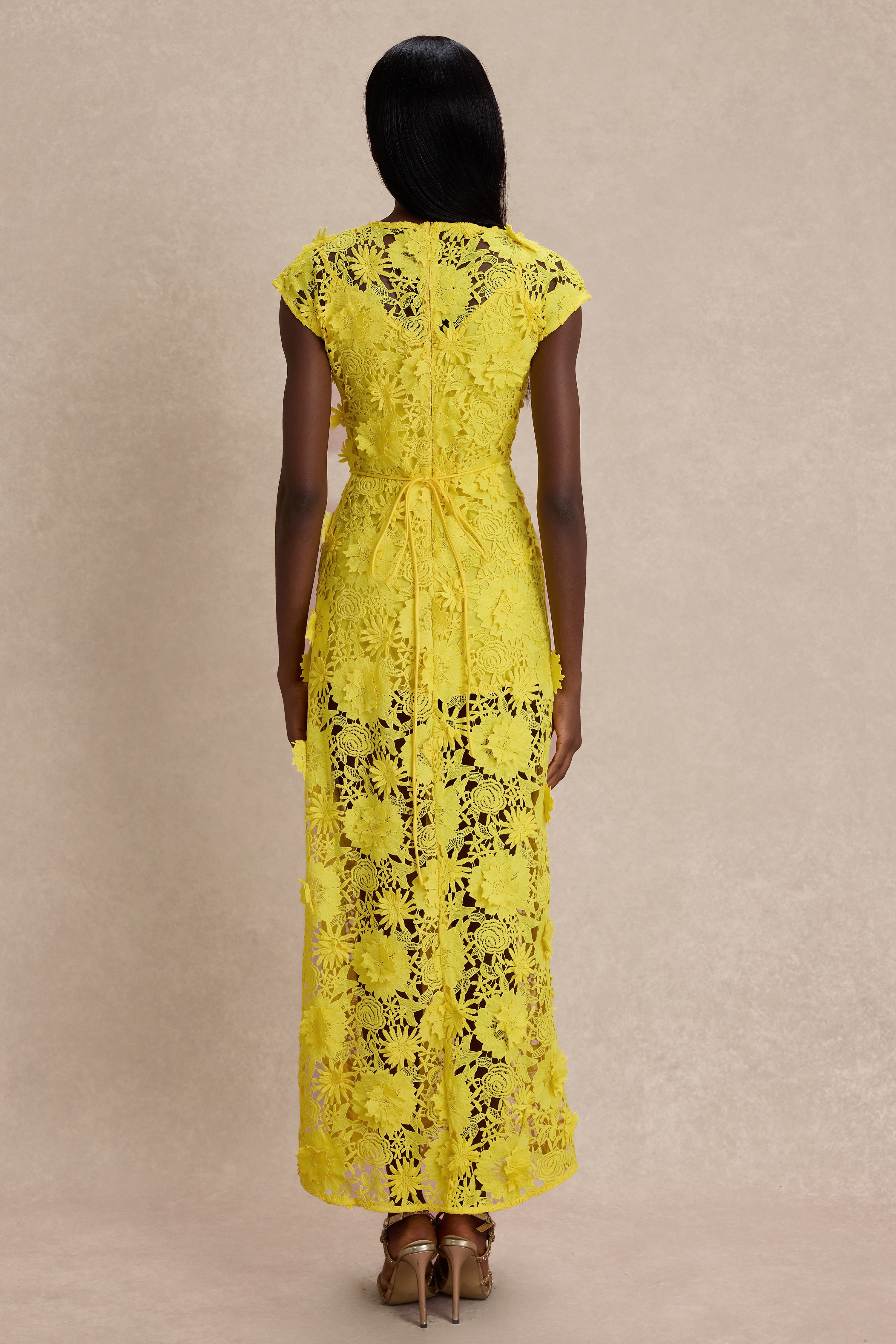 3D Flower Lace Round Neck Midi Dress