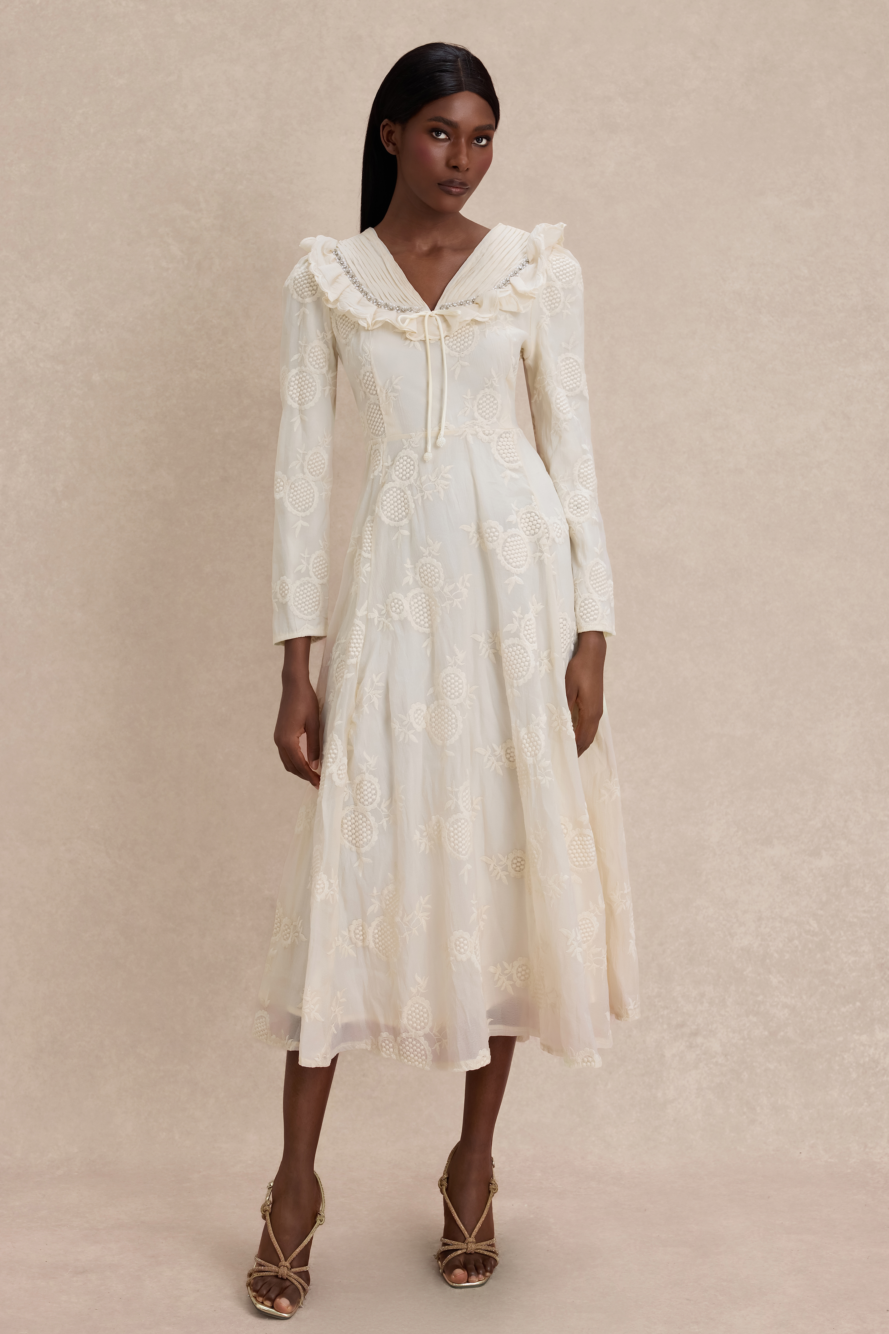 Chiffon Embroidered Ruffle Midi Dress – Fleur Rétro