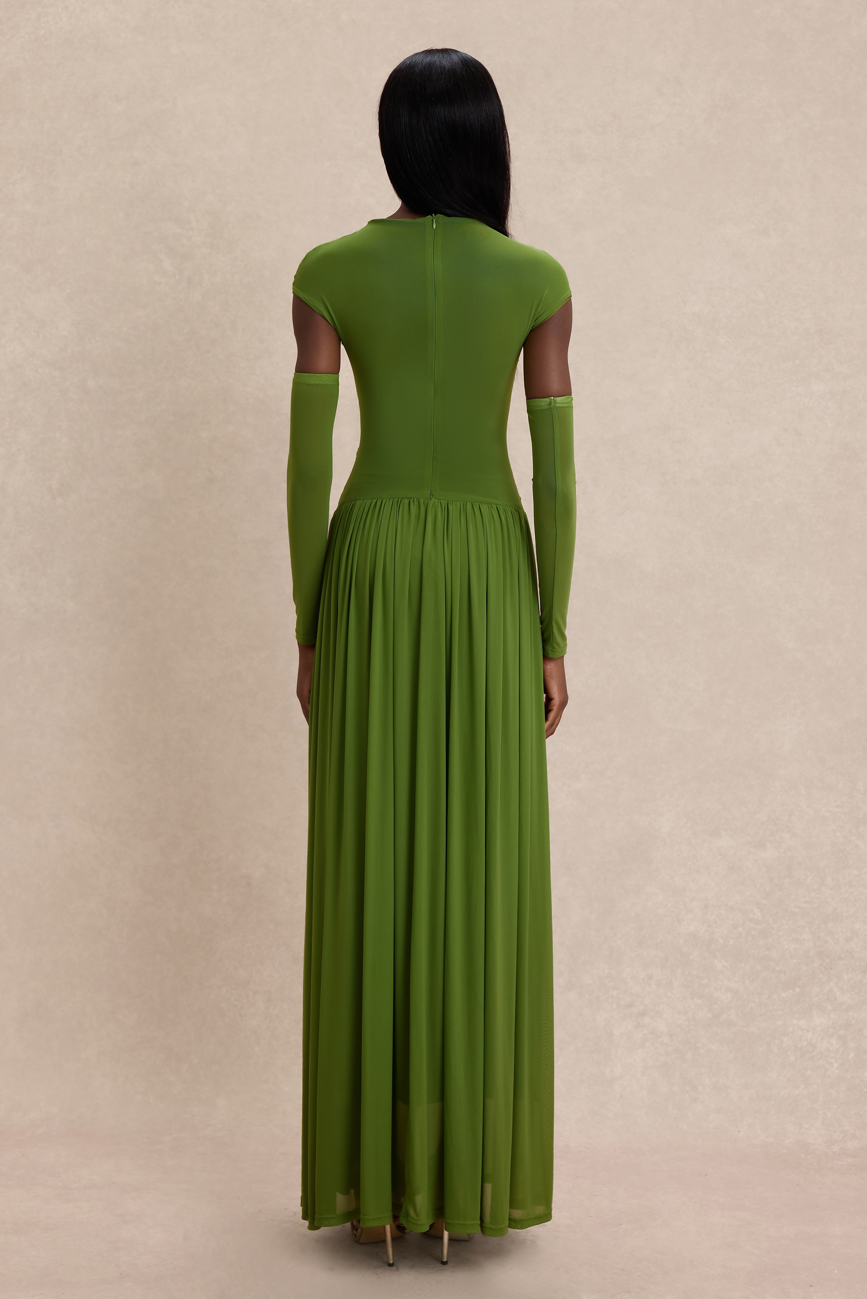 Gathering Solid Maxi Dress With Gloves
