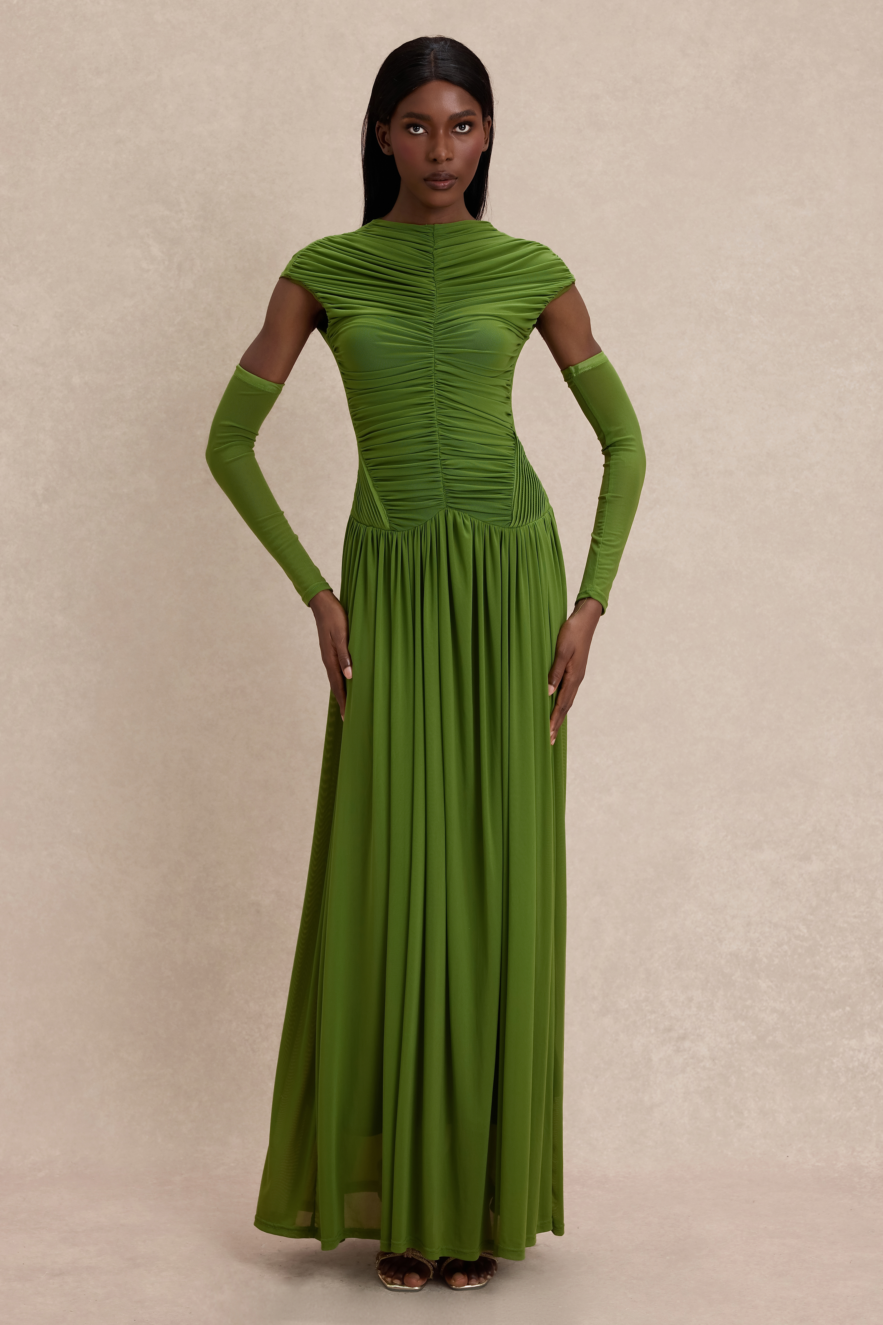 Gathering Solid Maxi Dress With Gloves