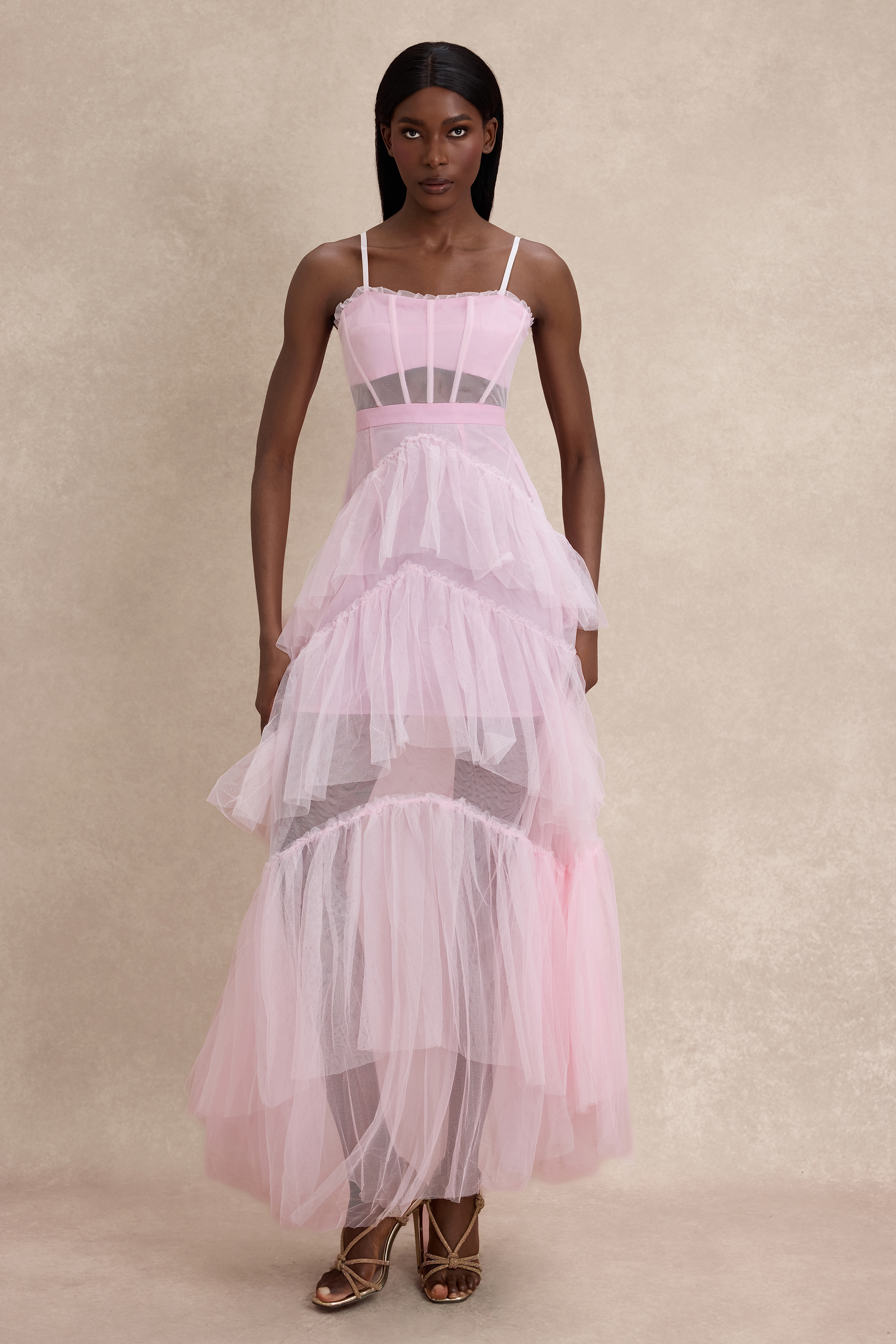 Mesh See-Through Ruffle Maxi Dress