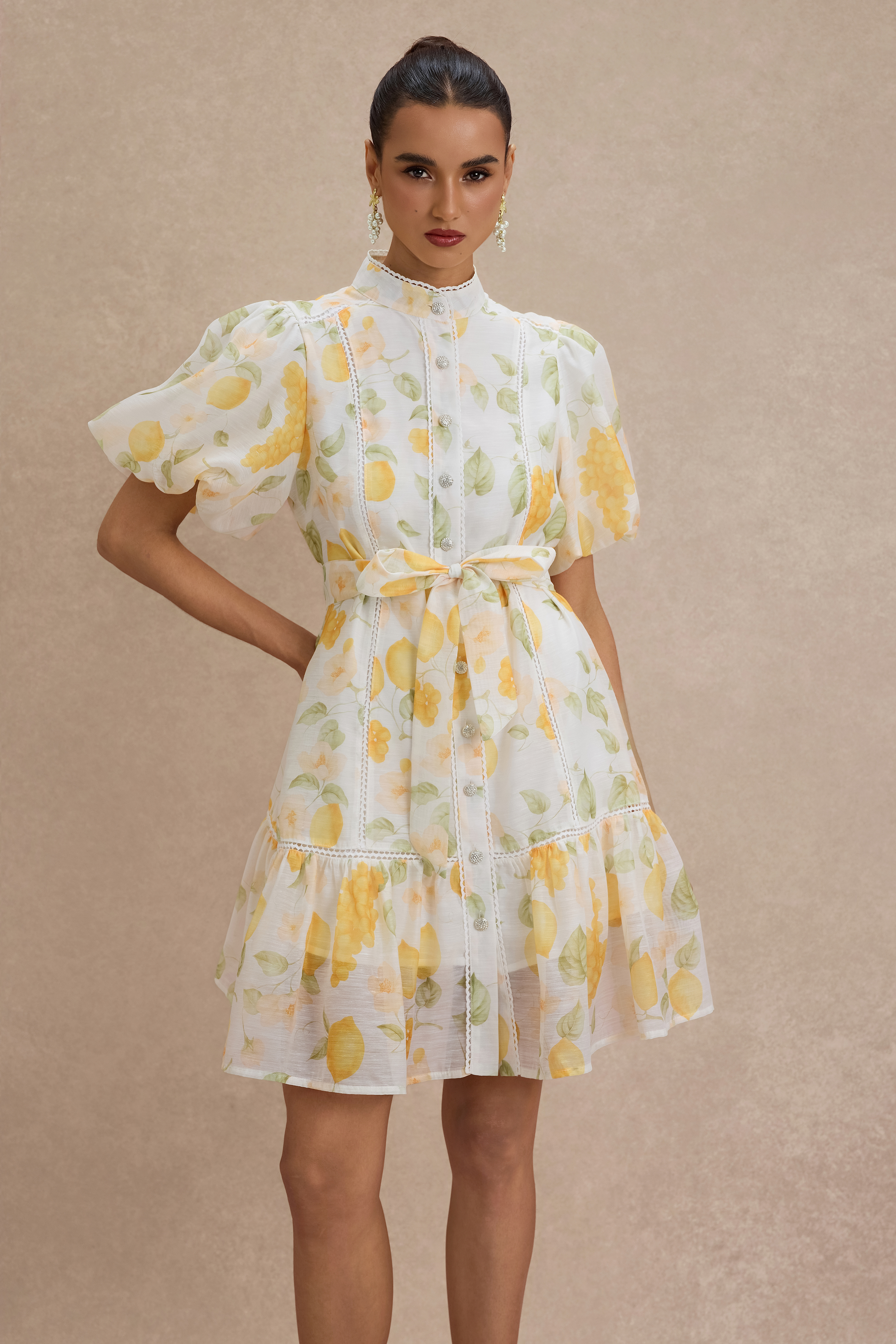 Fruit Print Lace Single Breasted Mini Dress