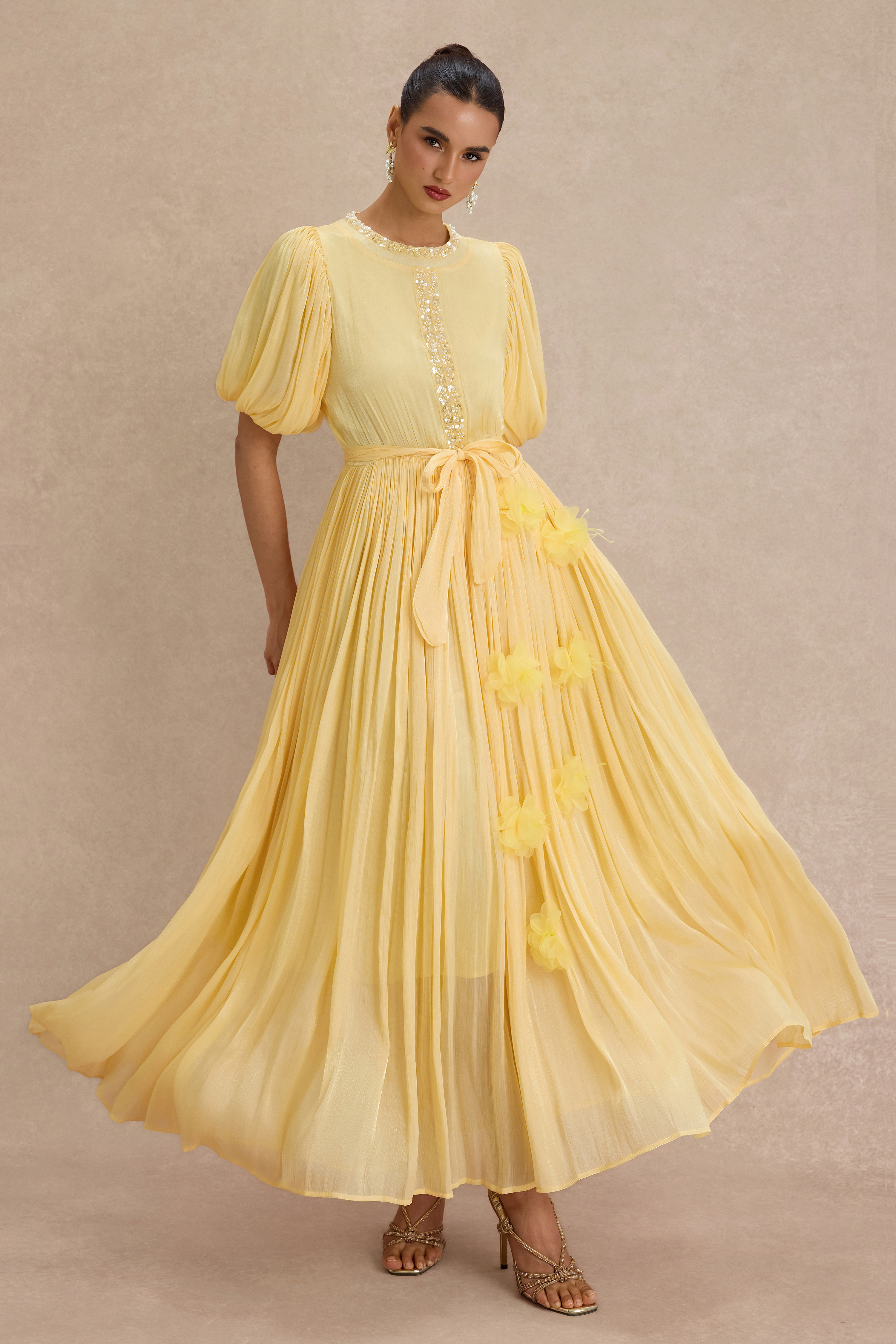 3D Flower Nail Bead Embroidery Midi Dress