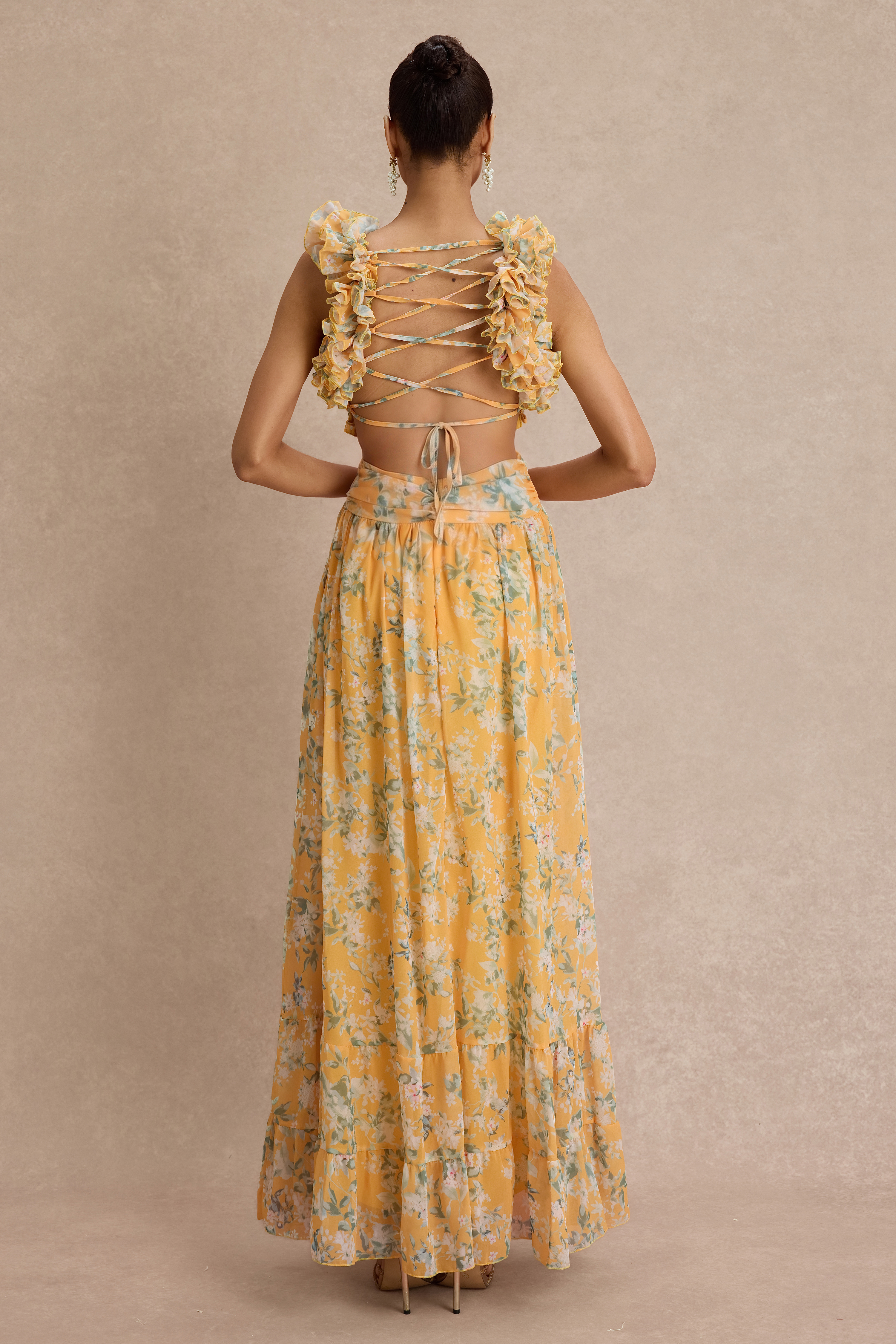 Floral Ruffle V-Neck Maxi Dress