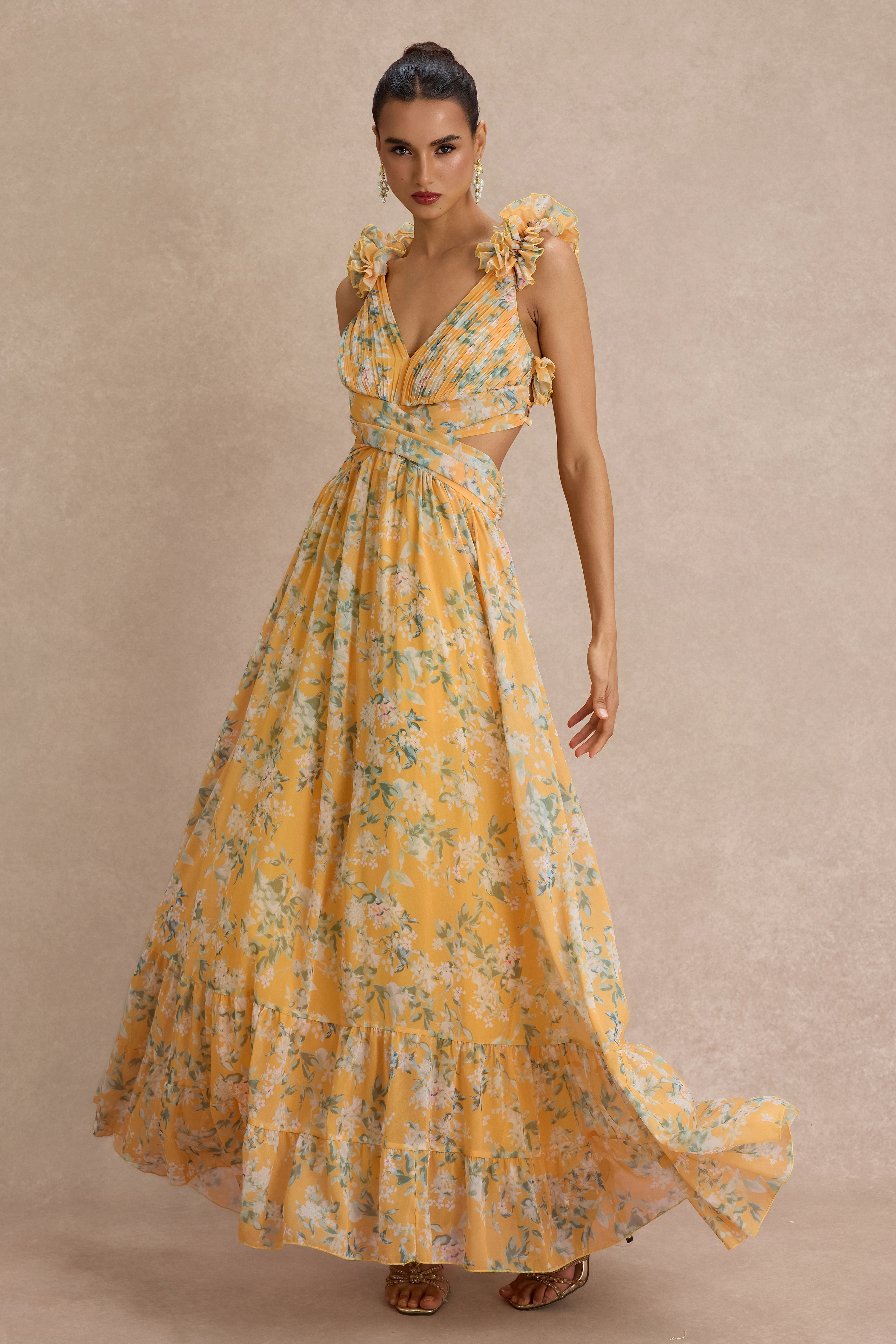 Floral Ruffle V-Neck Maxi Dress