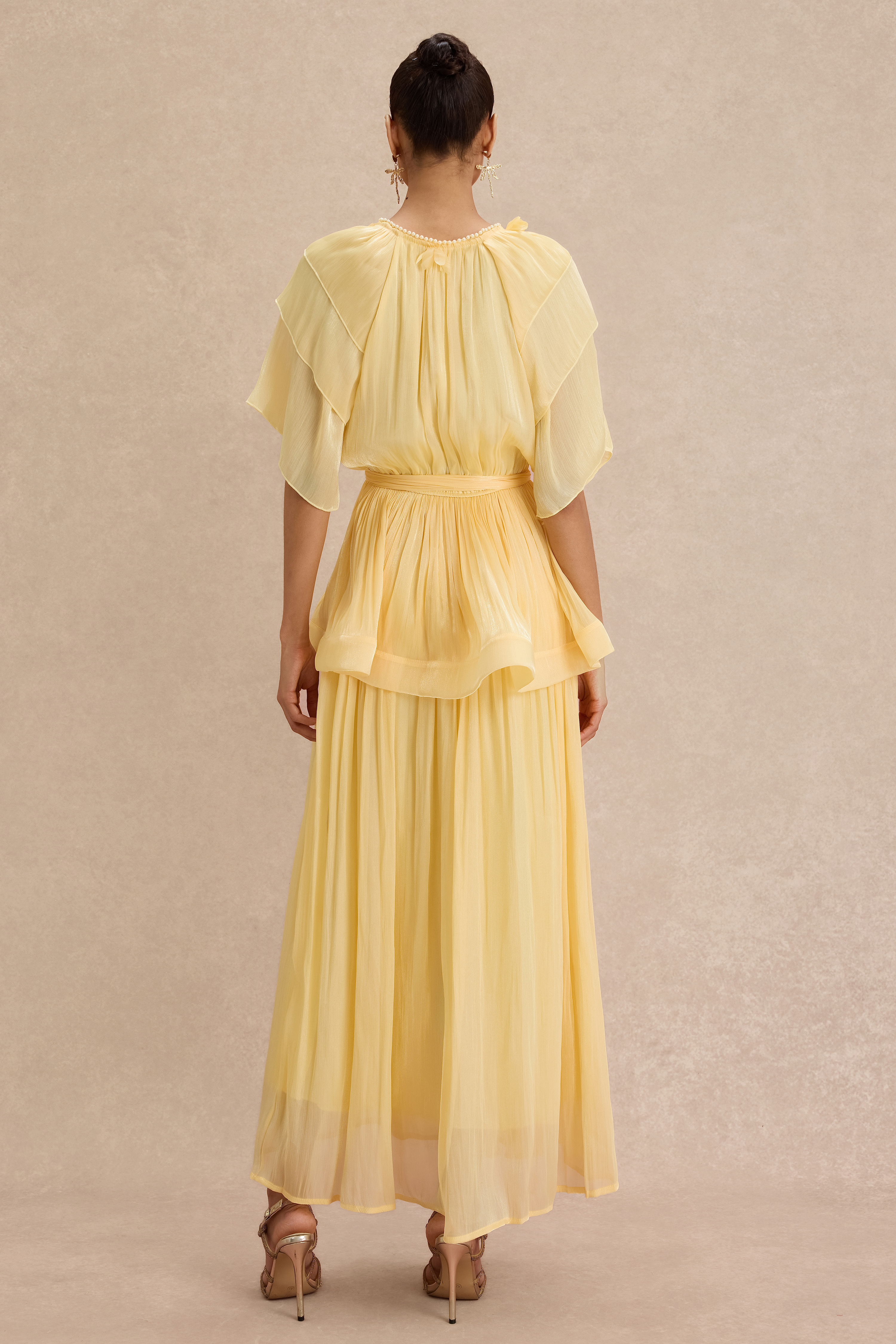 Faux Pearl Lace-Up Ruffle Midi Dress