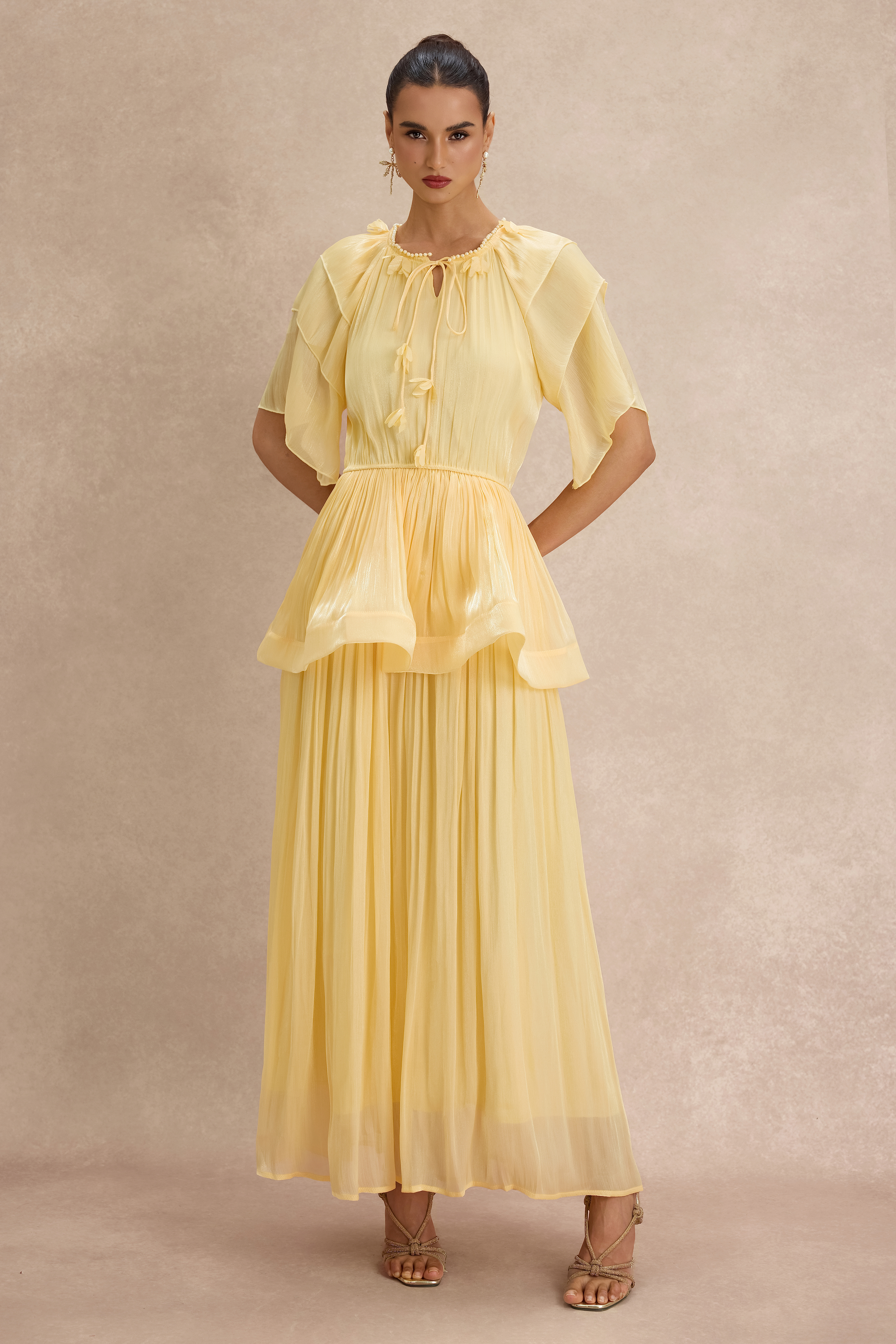Faux Pearl Lace-Up Ruffle Midi Dress