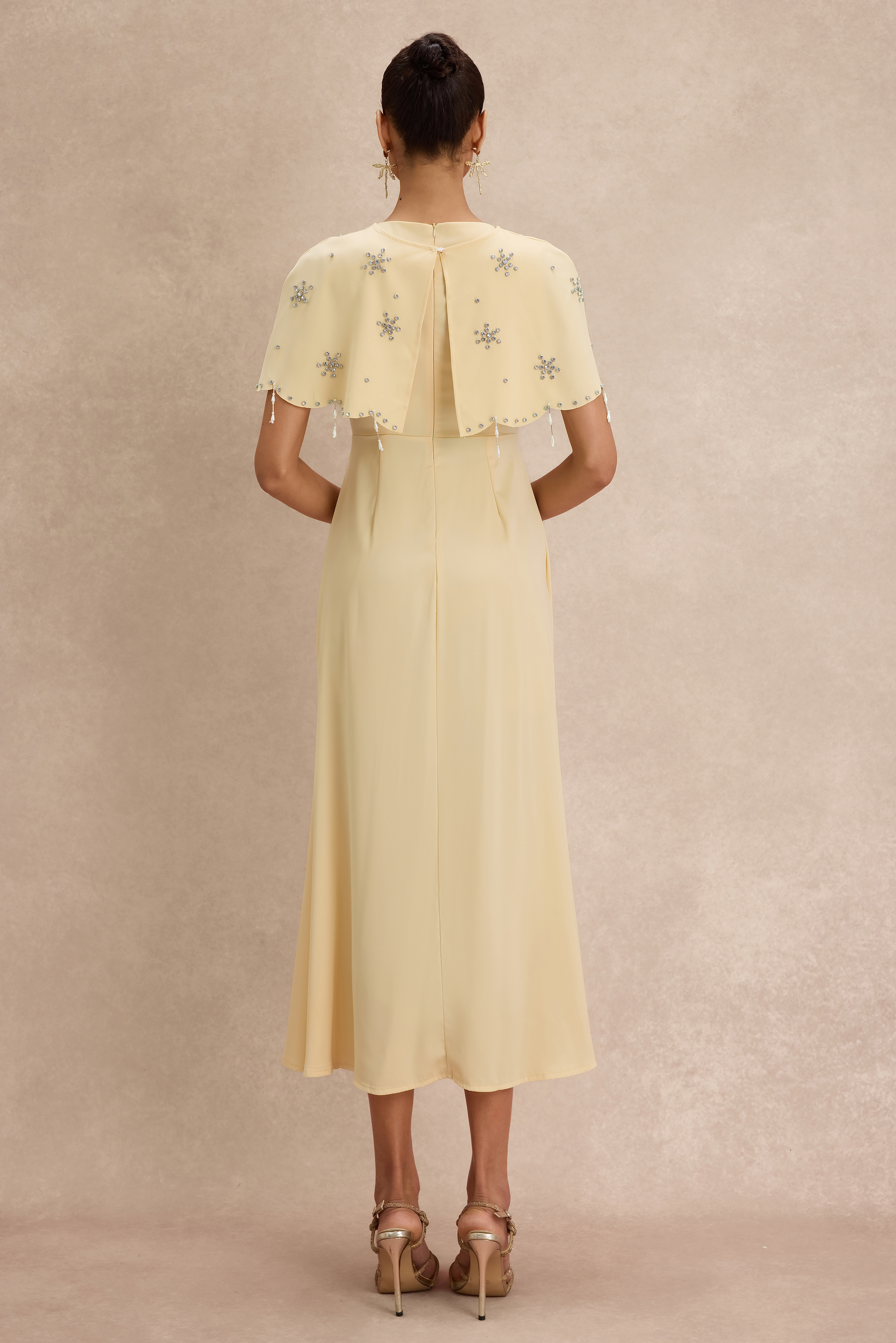 Satin Sleeveless Maxi Dress With Rhinestone Rivets Cape