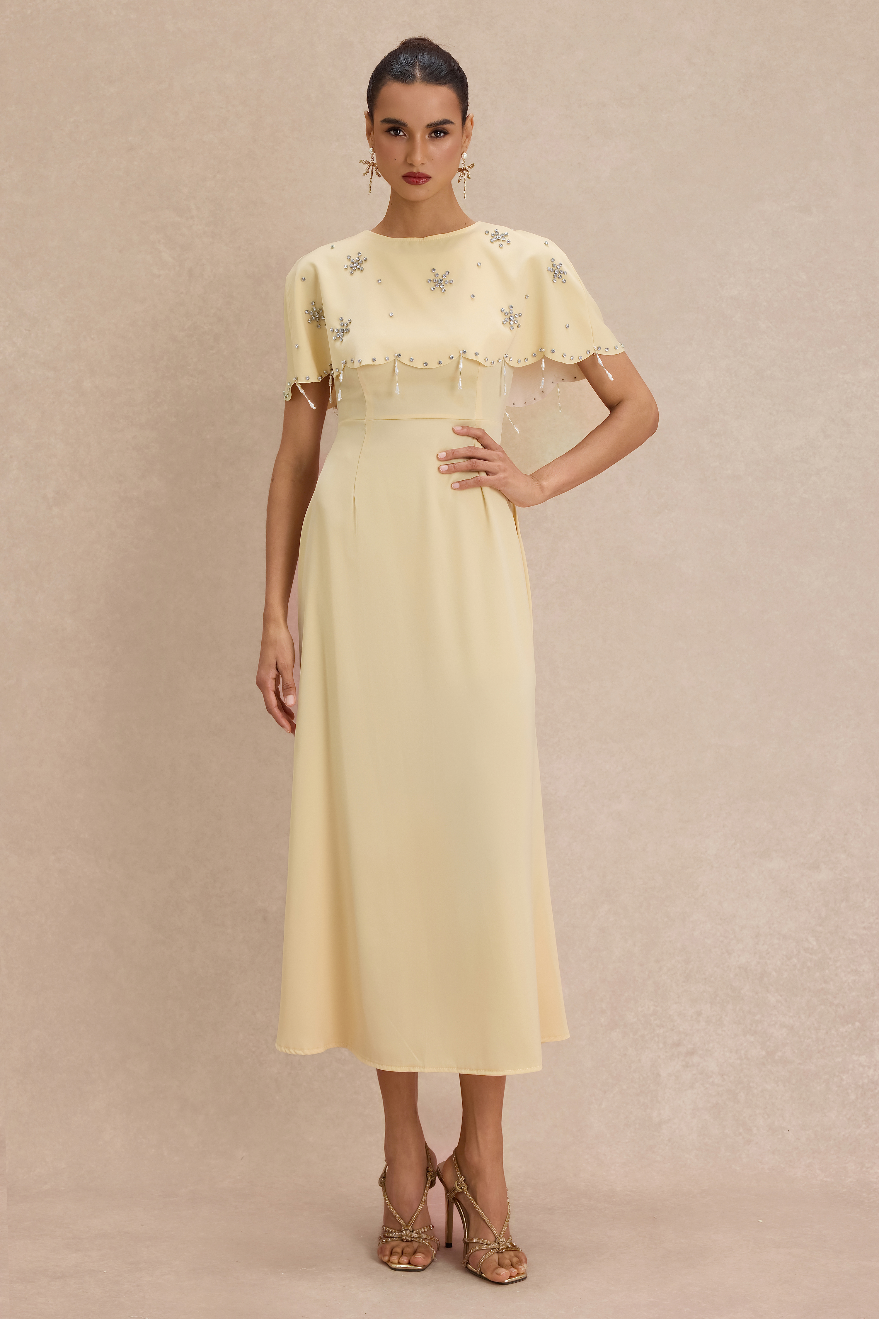 Satin Sleeveless Maxi Dress With Rhinestone Rivets Cape