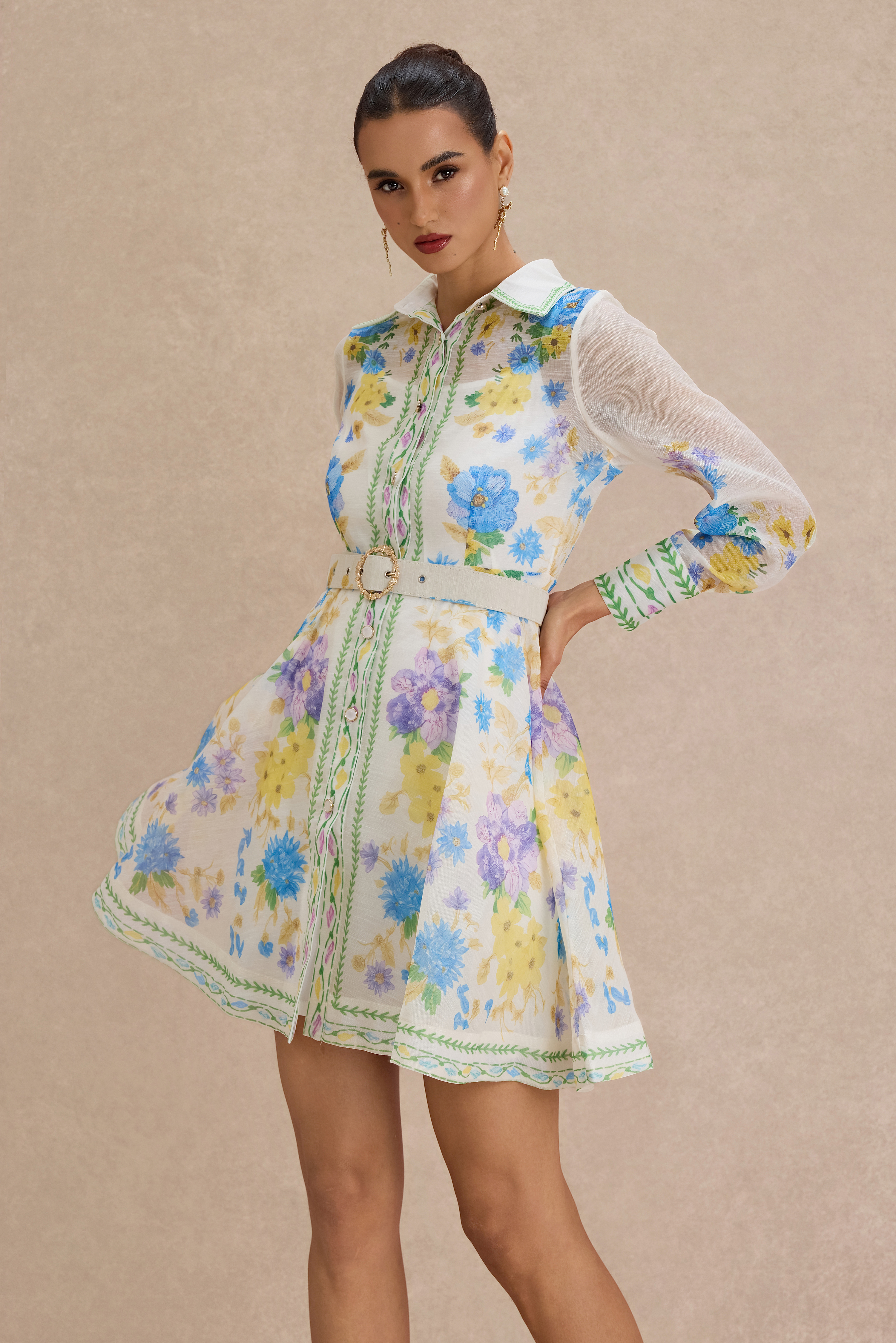 Floral Single Breasted Mini Dress With Belt
